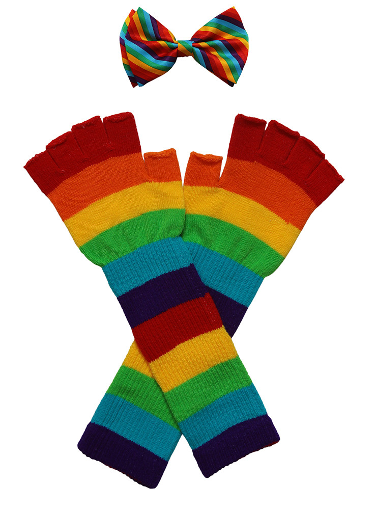 Rainbow Costume Bow Tie And Long Gloves