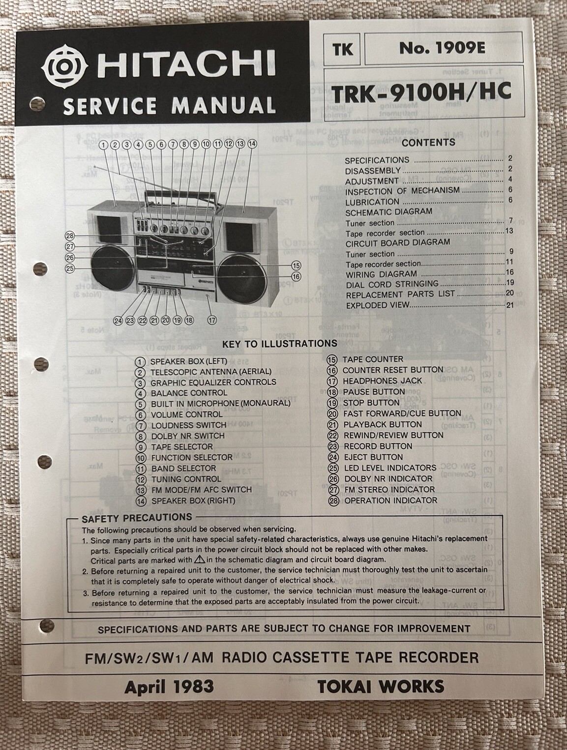 April/83 TRK-9100H/HC Fm/SW2/SW1/ Am Radio Cassette Tape RecorderService  Manual