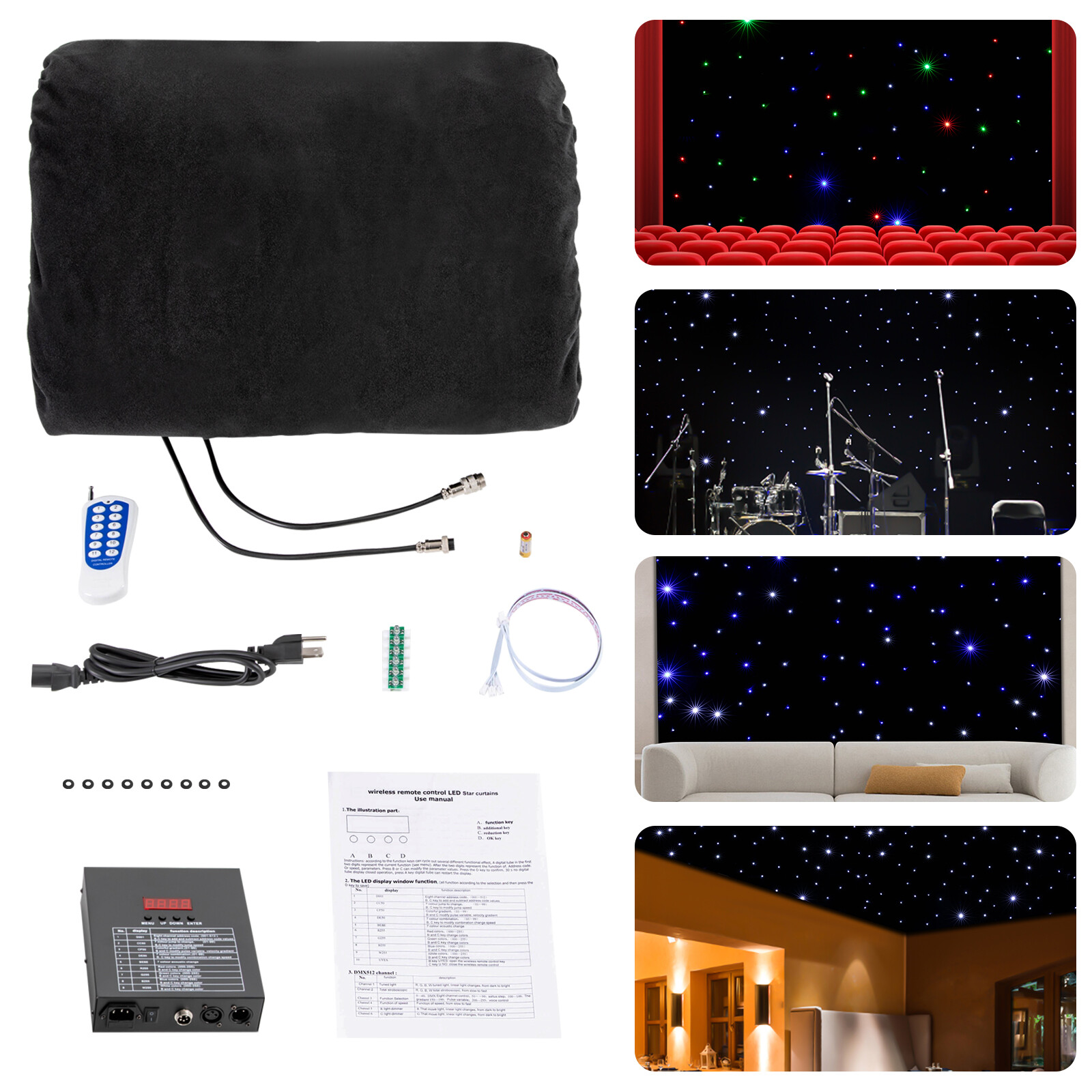LED Stage Backdrop Blue & White Light Starry Sky Backdrop Star Curtain 13*x13ft