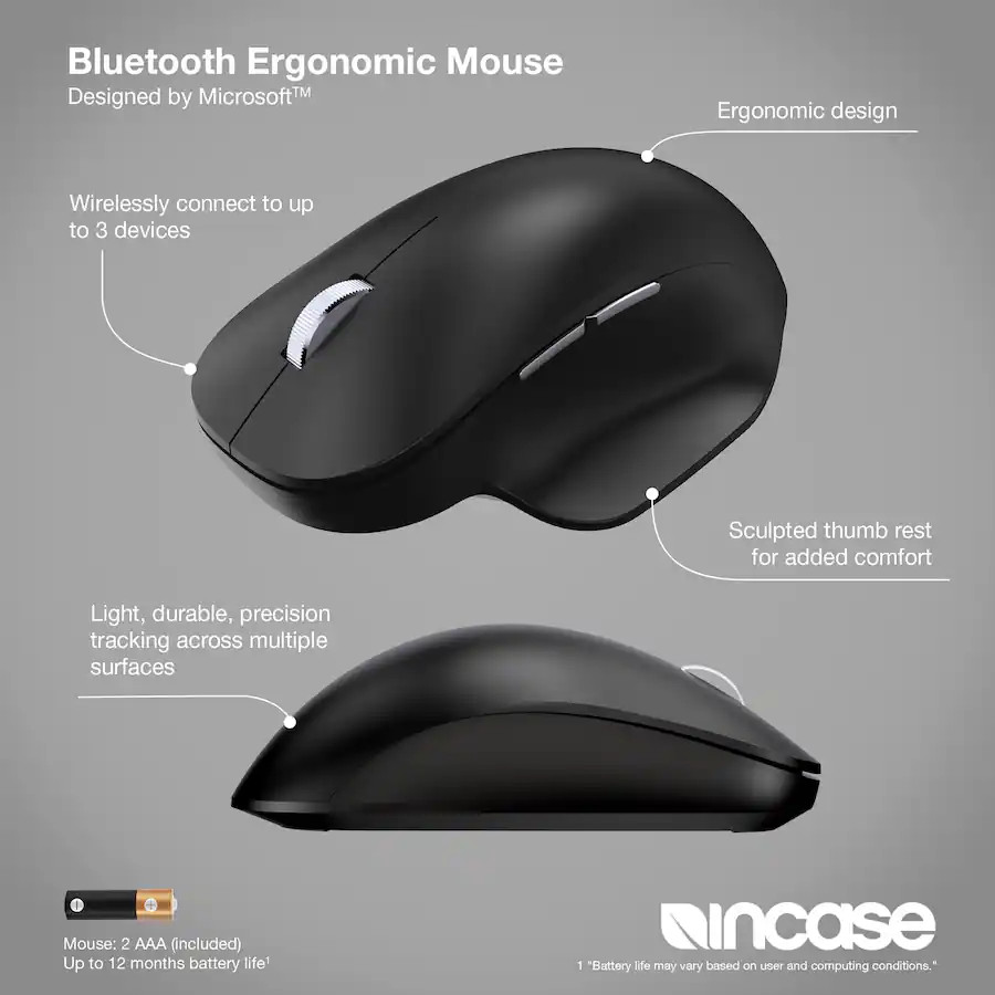 Incase Bluetooth Ergonomic Bluetooth Mouse design by Microsoft for PC Mac black