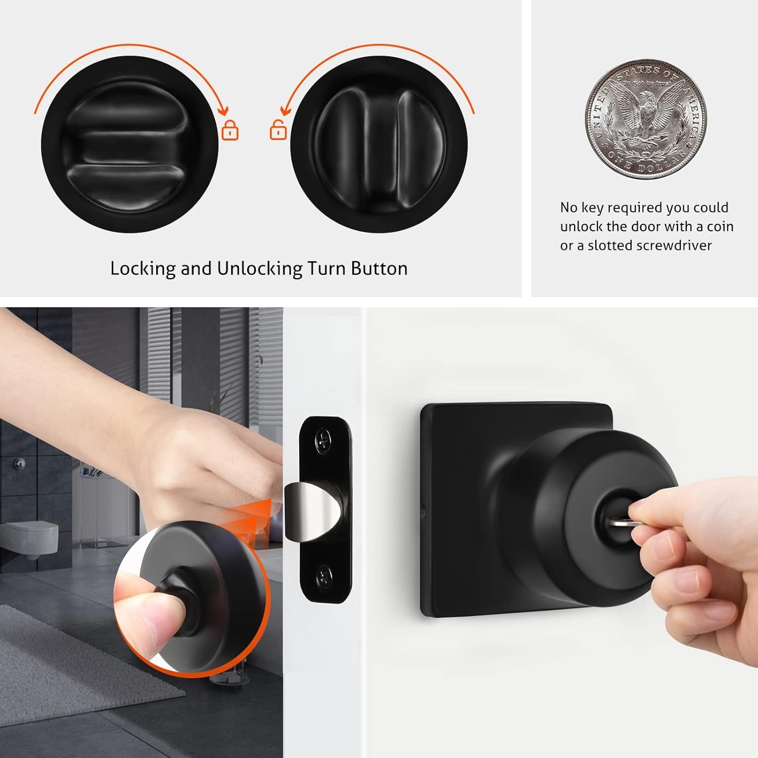 6 Pack Matte Black Door Knobs Interior, Privacy Interior Door Knob