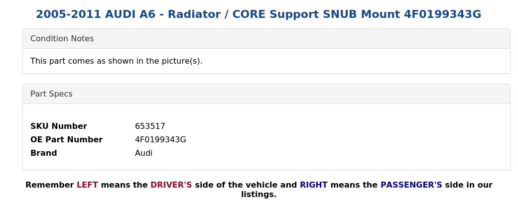 2005-2011 AUDI A6 - Radiator / CORE Support SNUB Mount 4F0199343G