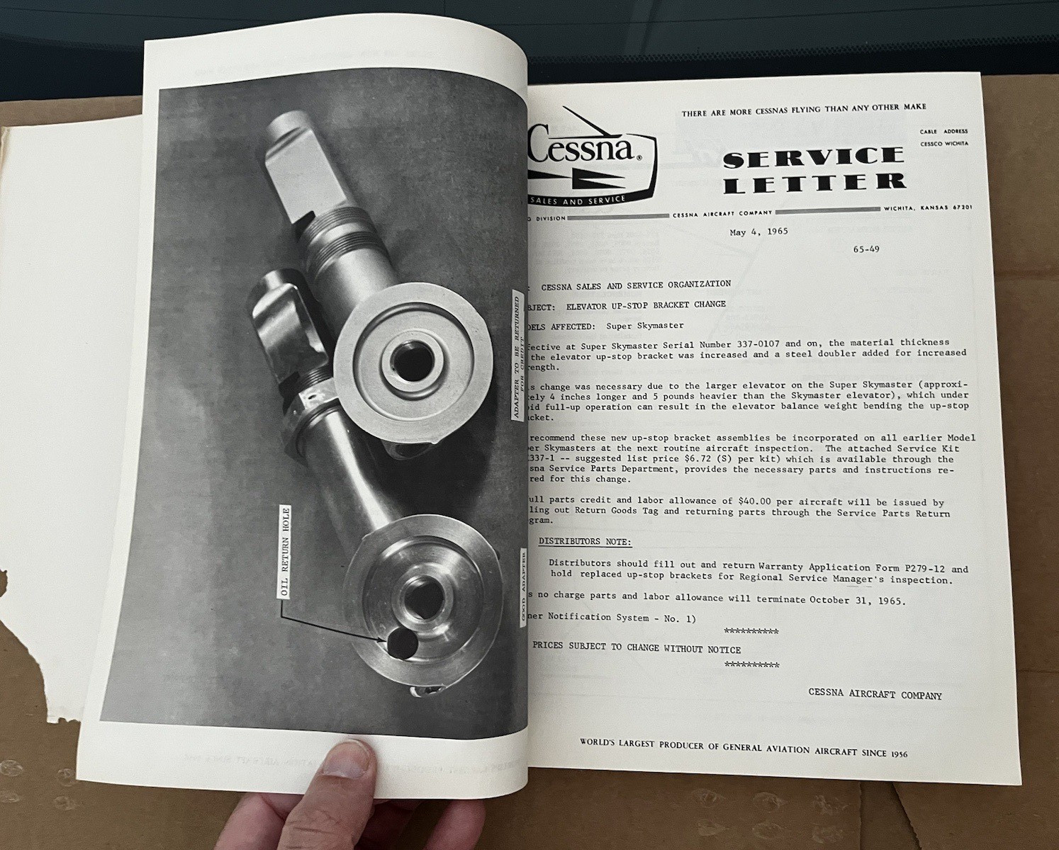 1965 Cessna Service Information Summary Manual All Models, Original Read