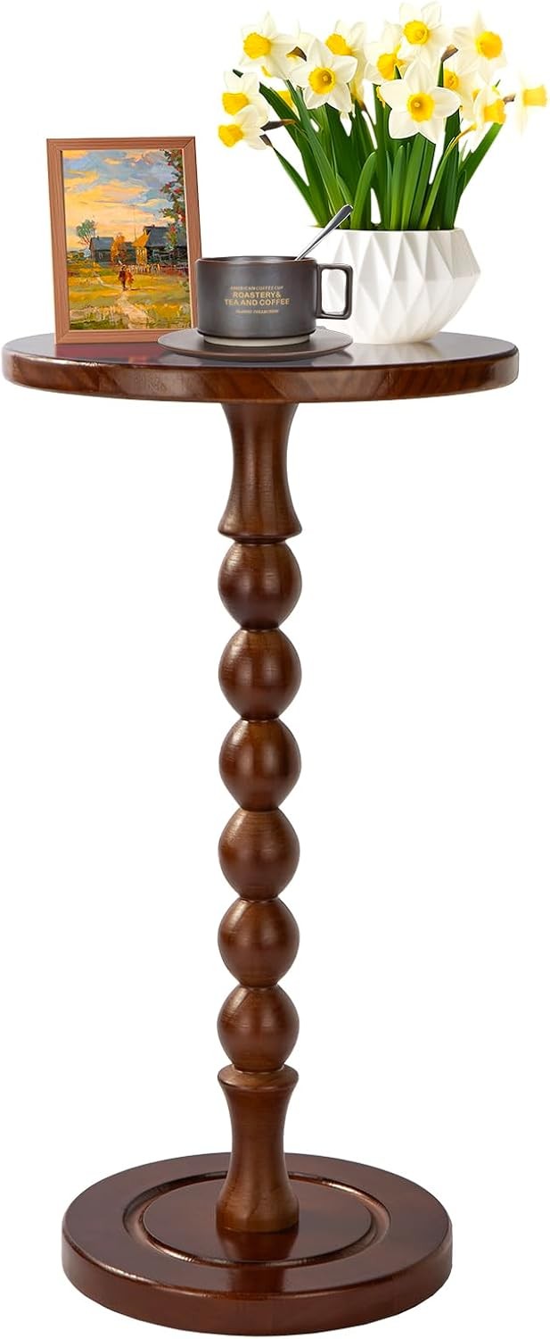 Round Side Table Small Spaces Drink Table W/ Oak Wood Pedestal Modern End Table