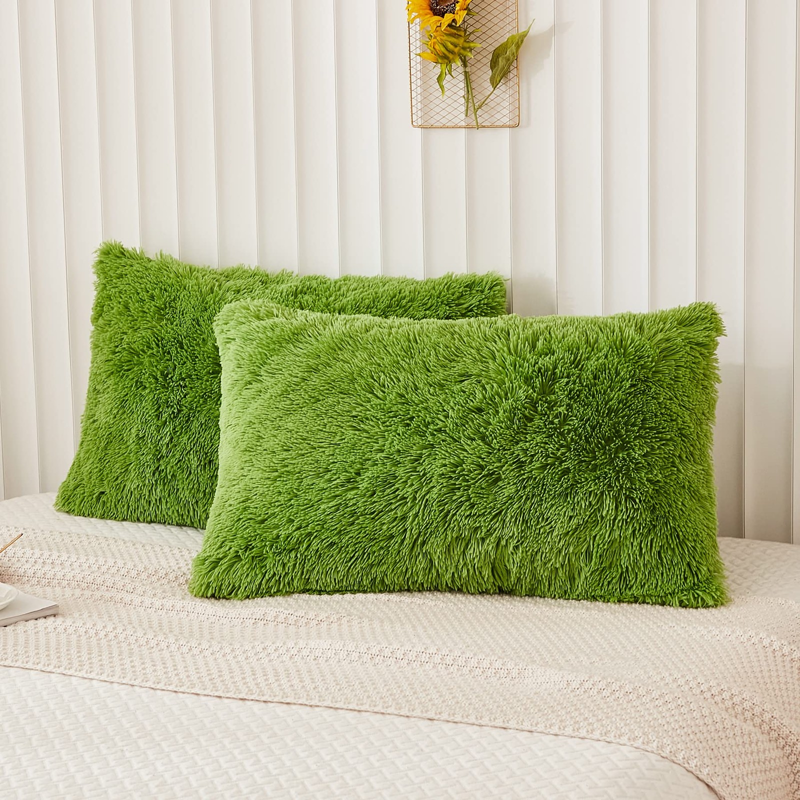 Faux Fur Fluffy Pillowcases, Apple Green Plush Shaggy Velvet Standard/Queen S...
