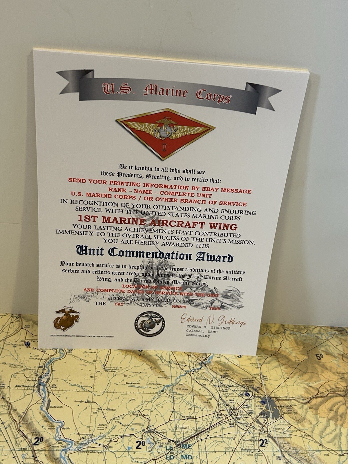 U.S.M.C. / 1ST MARINE AIRCRAFT WING - UNIT COMMENDATION AWARD CERTIFICATE