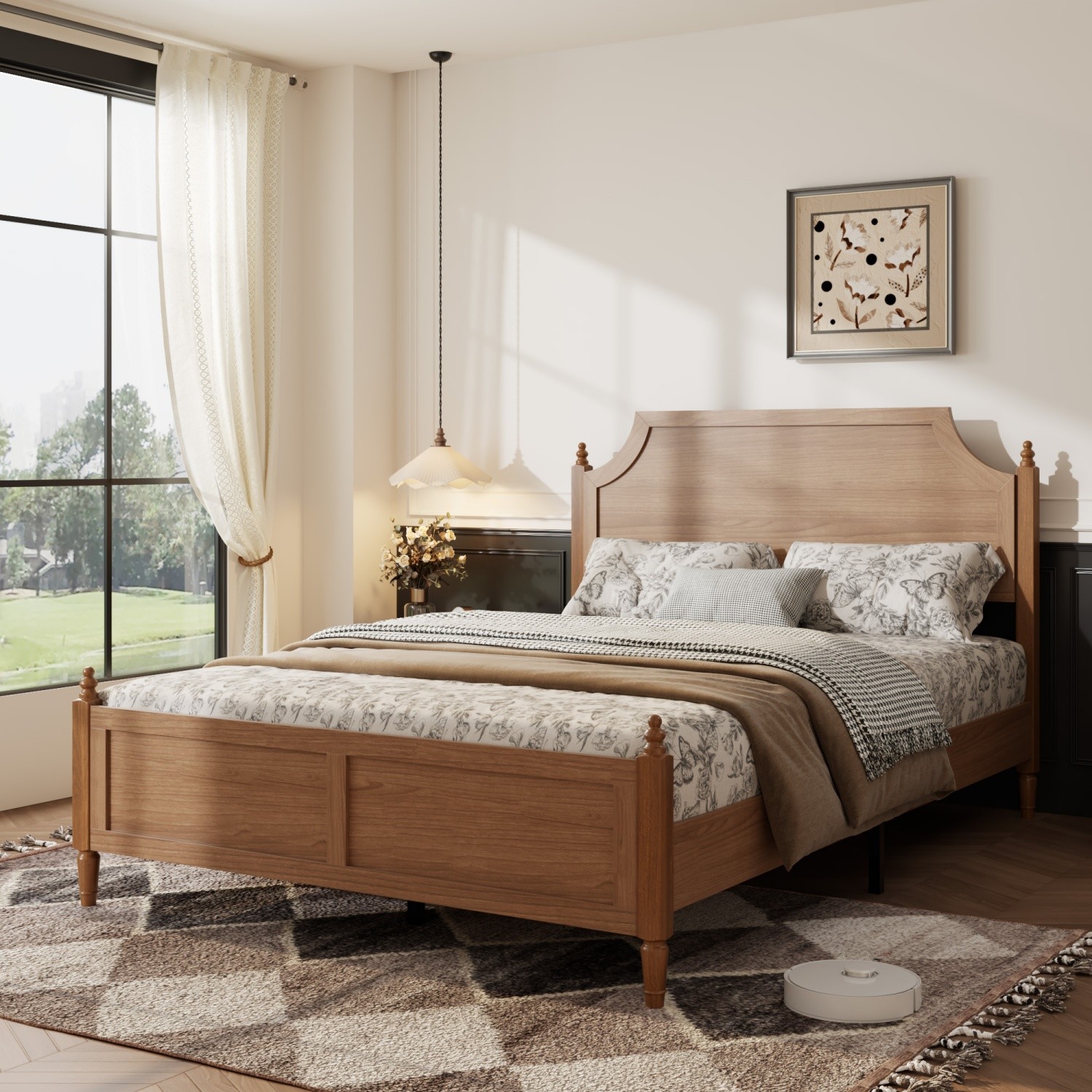 Full/Queen Size Wood Platform Bed Frame with Headboard & Footboard No Box Spring