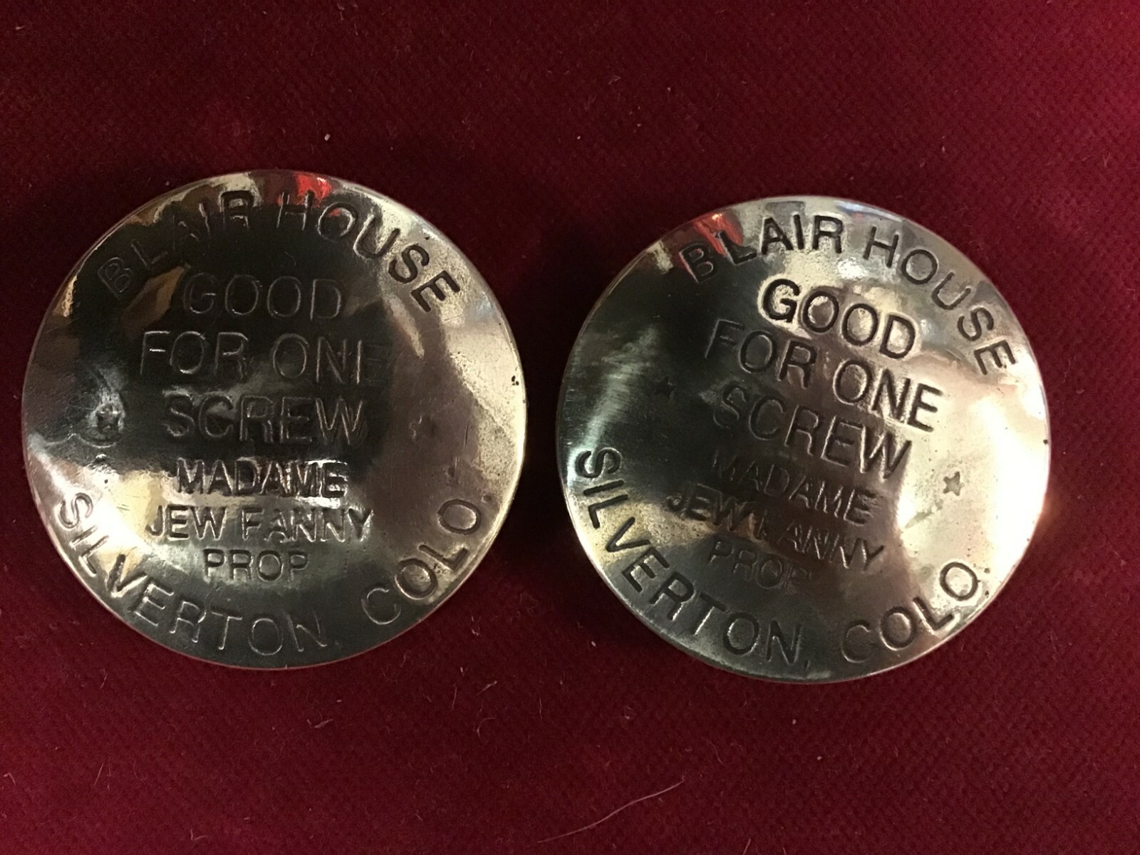 Conchos:  2 Brass BROTHEL token, Blair House, Silverton, Colorado