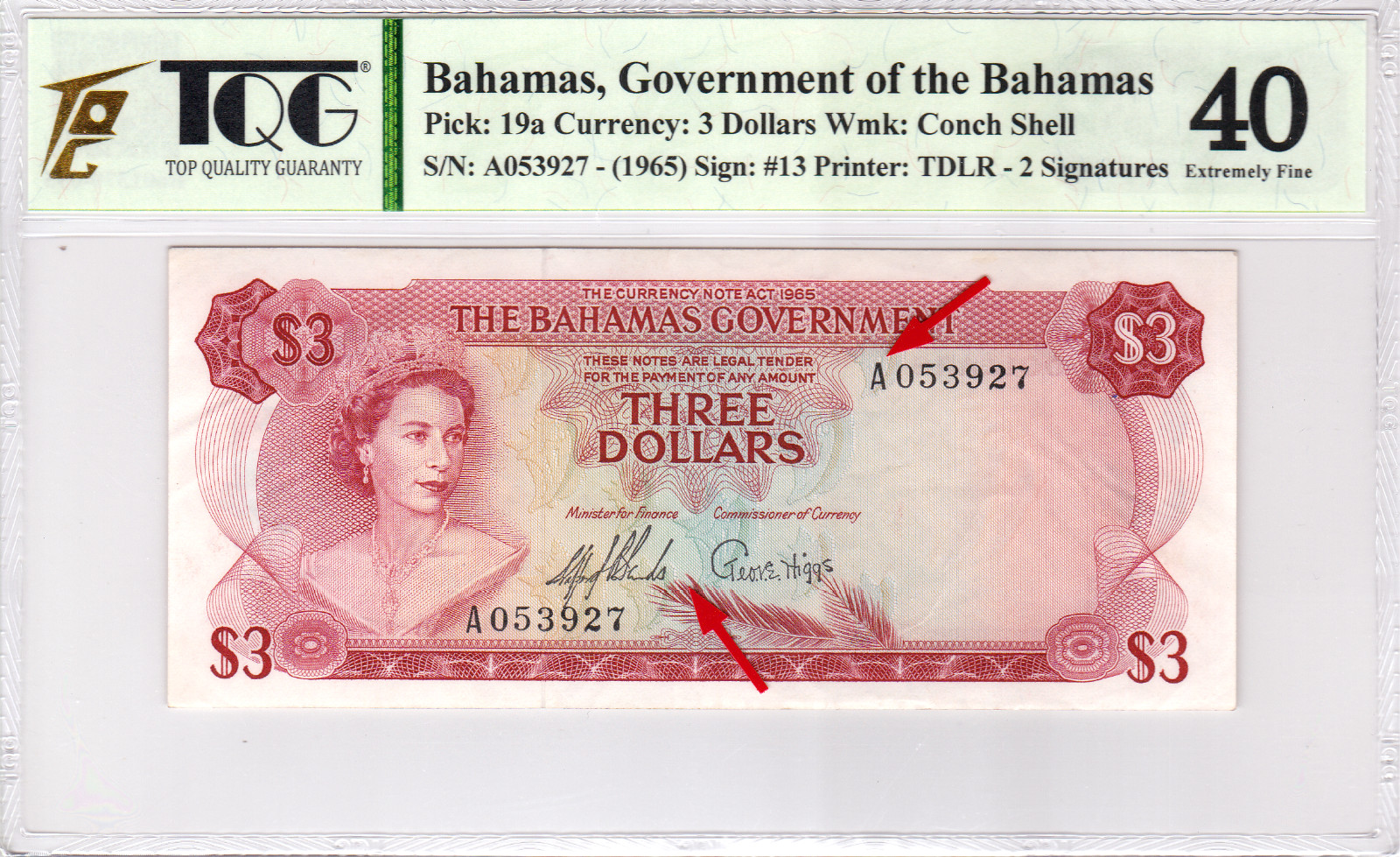 Mazuma *GN893 TQG Bahamas Queen Elizabeth QEII 1965 $3 A053927 1st Prefix EF40