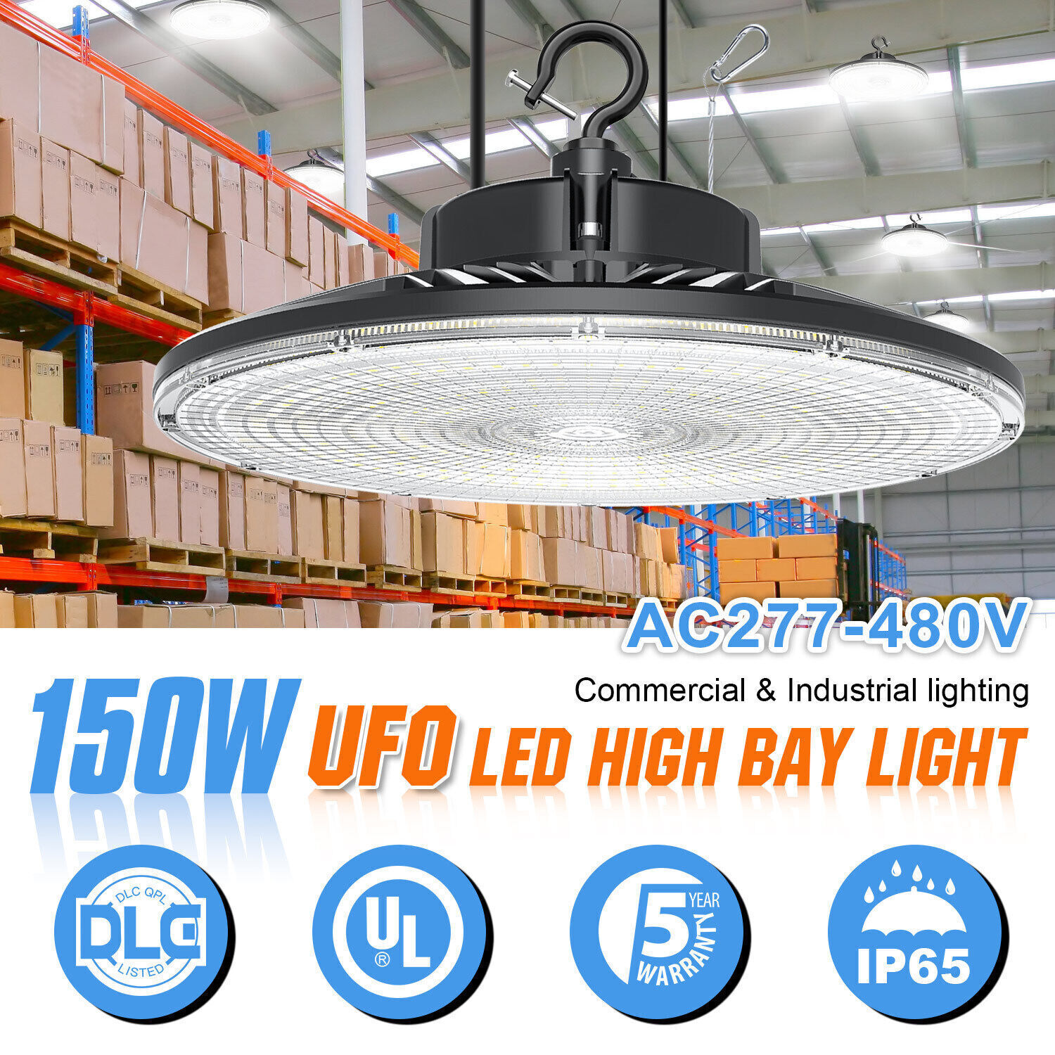 480V 150W LED High Bay Light, 0-10V Dimmable 21,000LM UFO Shop Light UL & DLC