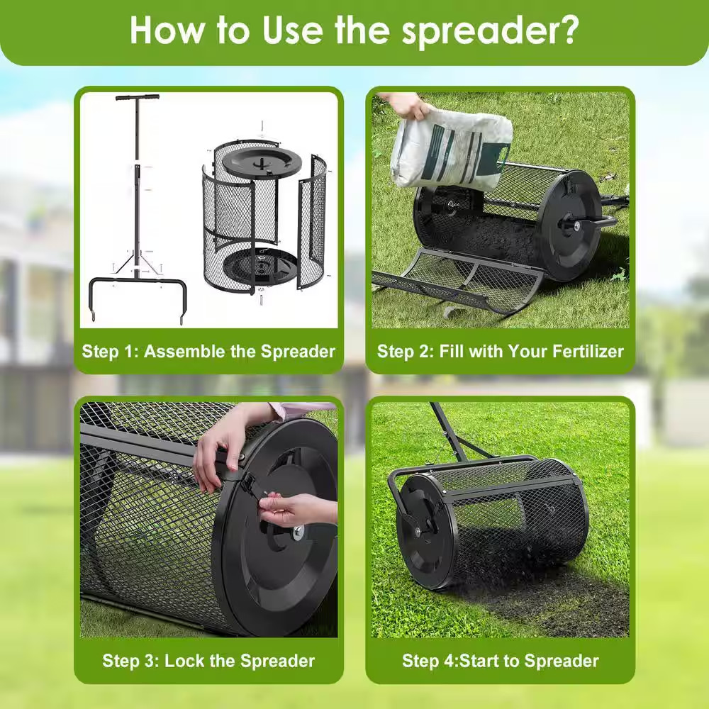 24 In. Black Compost Handheld Spreader Peat Moss Spreader, Lawn Garden Spreader