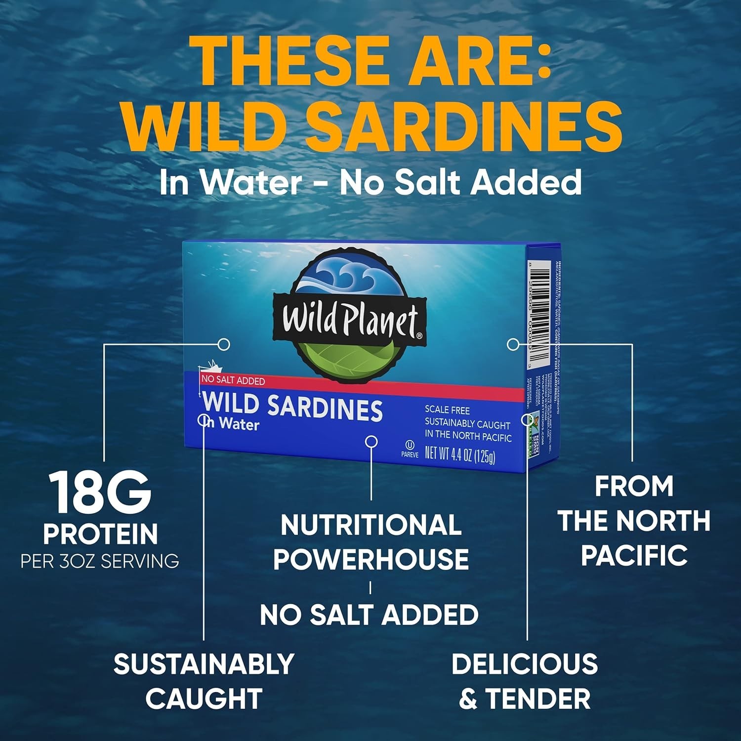 Sustainable Wild Sardines in Water - No Salt Added, 52.8 Ounces, Pack of 12