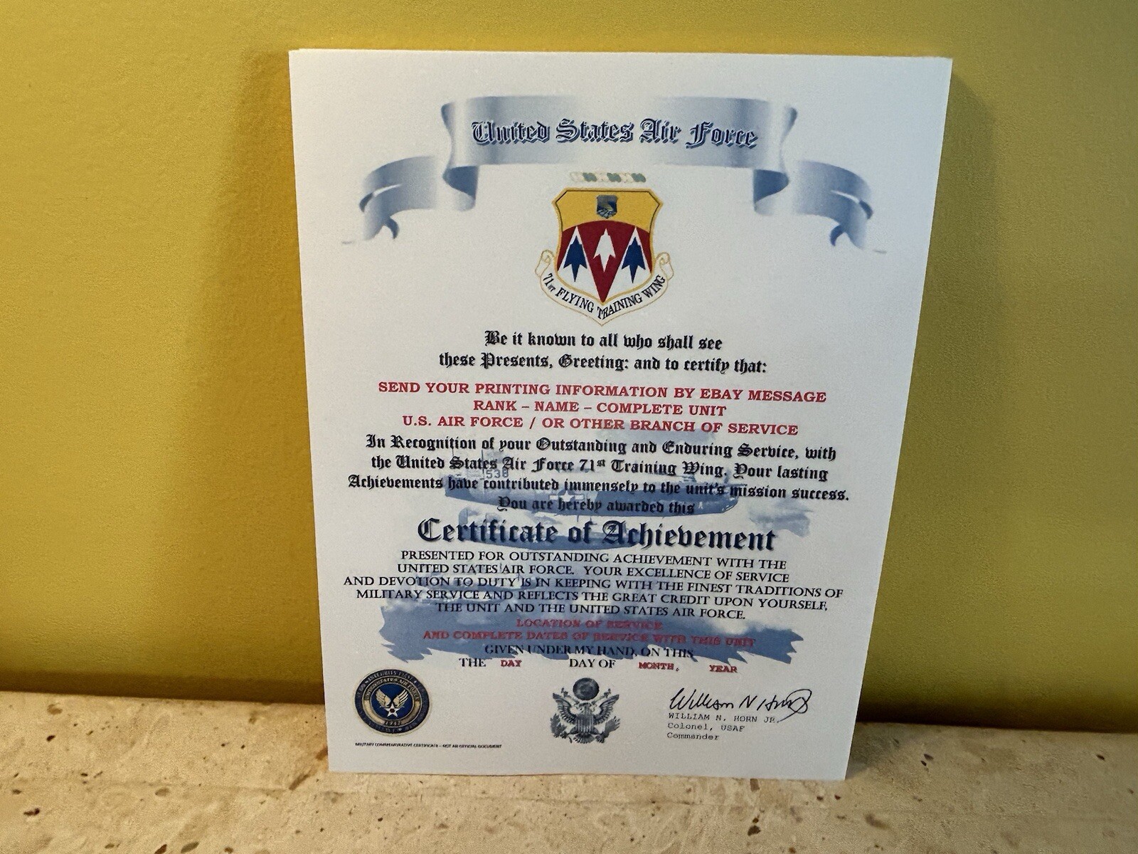 U.S.A.F. / AIR FORCE 71ST TRAINING WING - CERTIFICATE OF ACHIEVEMENT