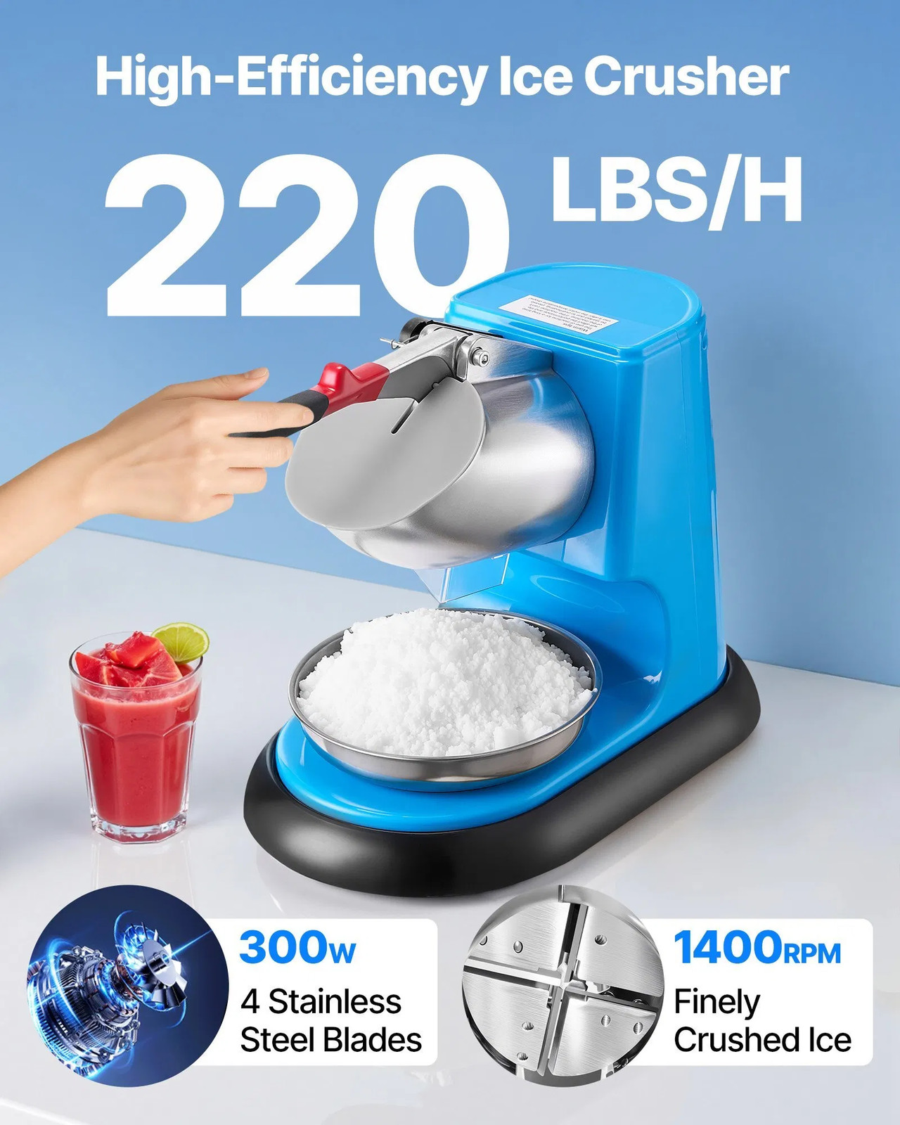 Ice Crusher Machine, 220lbs Per Hour Electric 4 Blades Snow Cone Maker, Stainles
