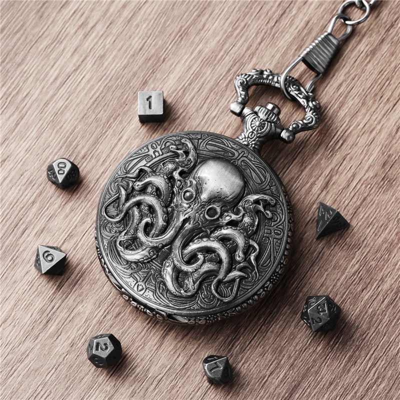 7pcs Solid Metal Polyhedral DND Dice Set in Octopus Pocket Watch Case with Chain