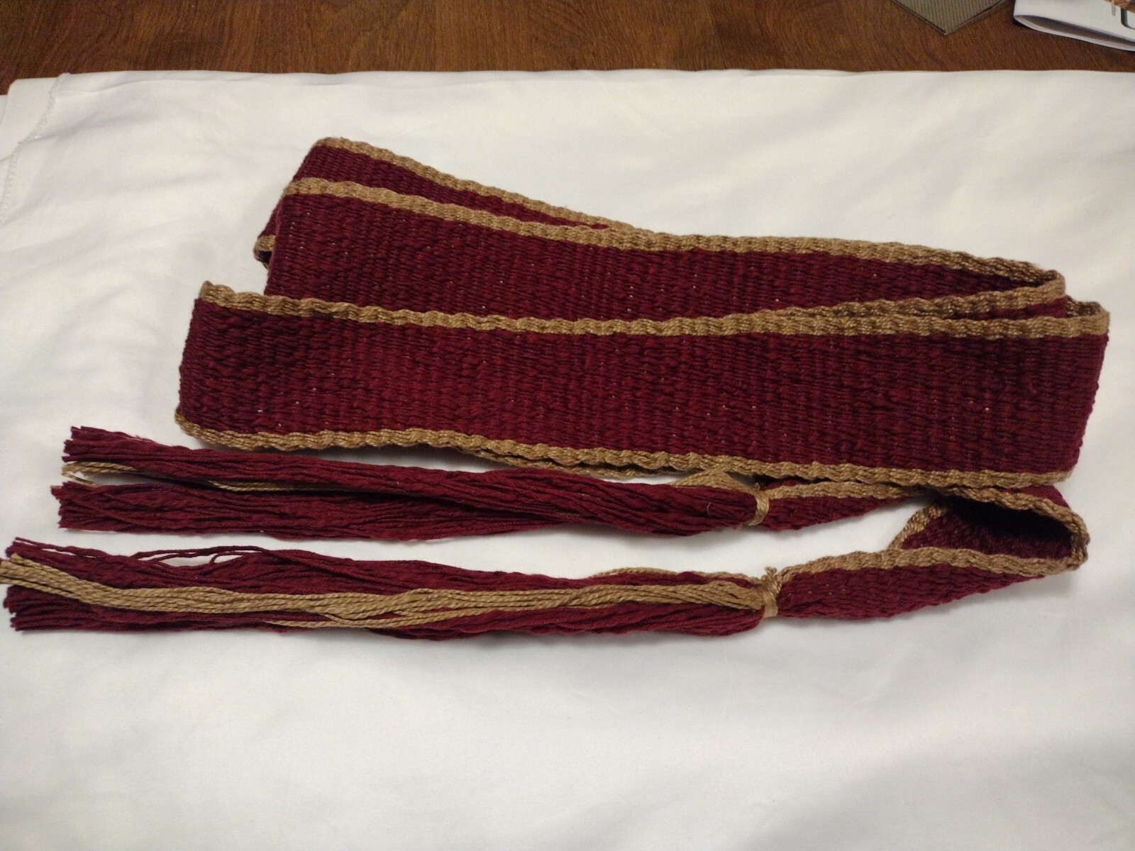 33 Powder Horn inkle loom Shirley Sash Burgundy  Flamme Cotton 138" x 2 1/2"