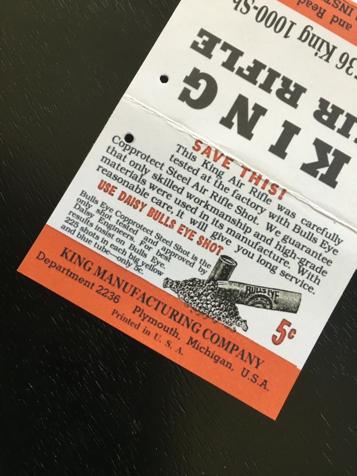Hang Tag Repro for KING 5536 1000 SHOT Air Rifle DAISY KING PLYMOUTH, MI