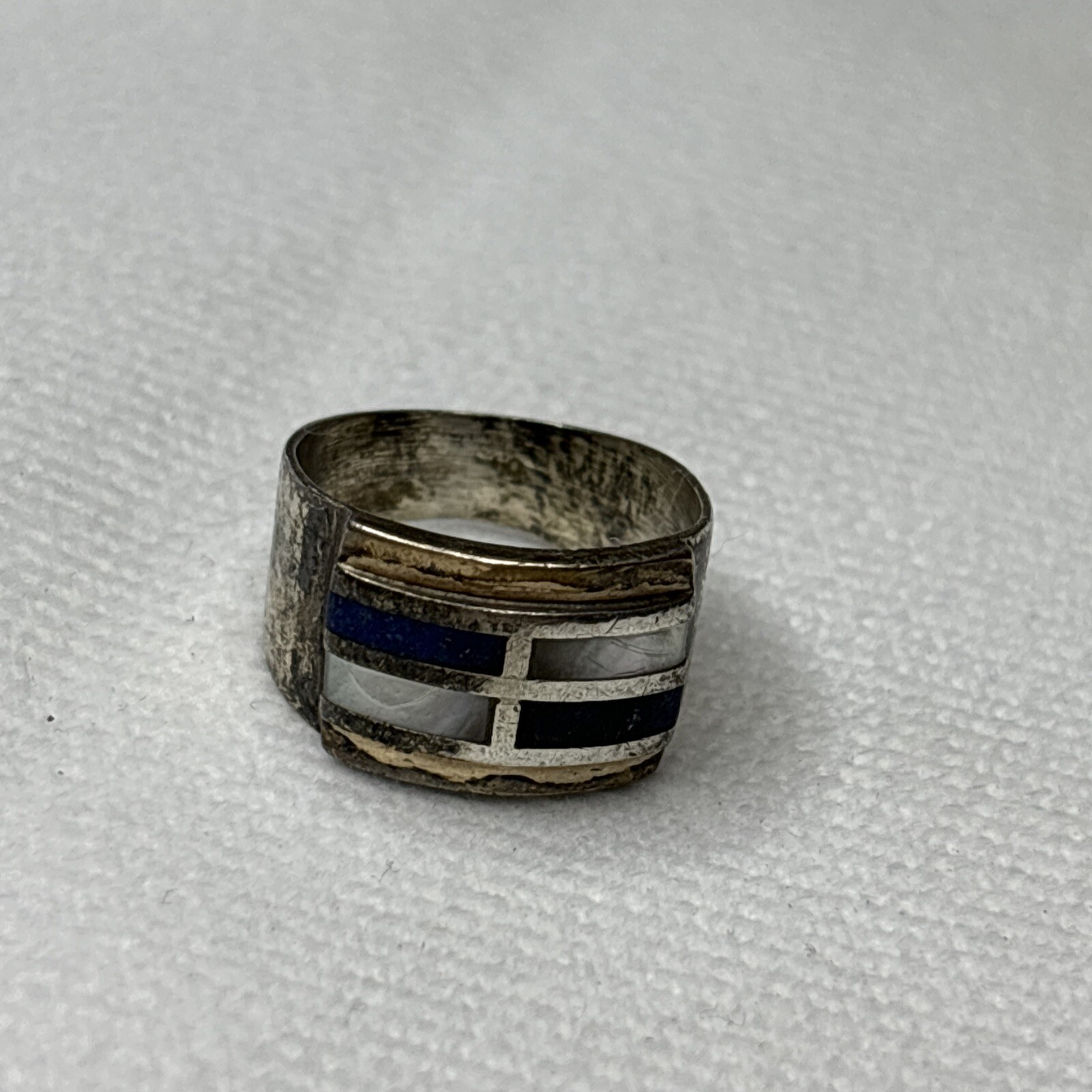 Rectangle Shape Design Blue White Sterling Silver 925 Ring Size 6.5