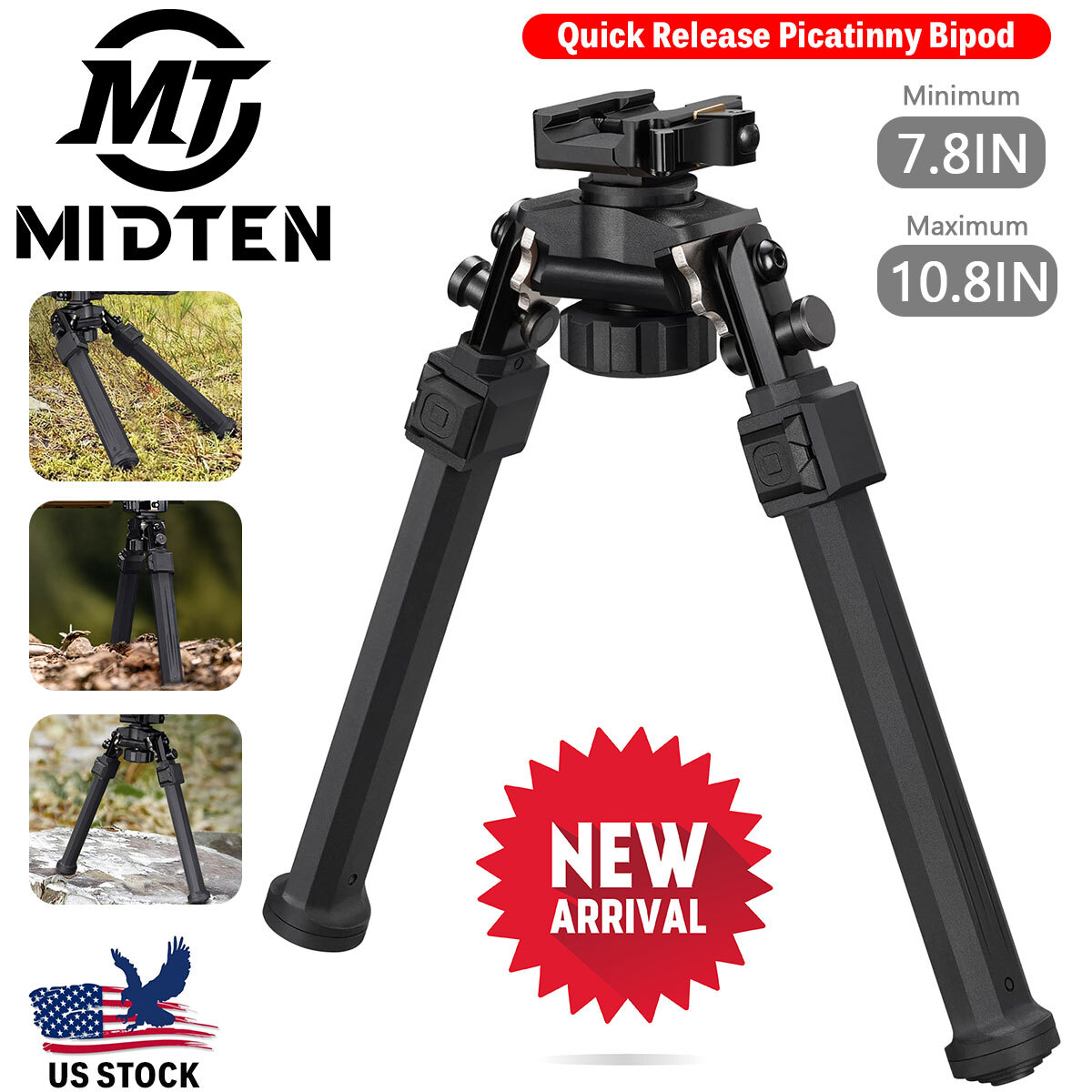 7.8-10.6" Quick Release Rifle Bipod for Hunting 360° Swivel Tilt Picatinny Bipod