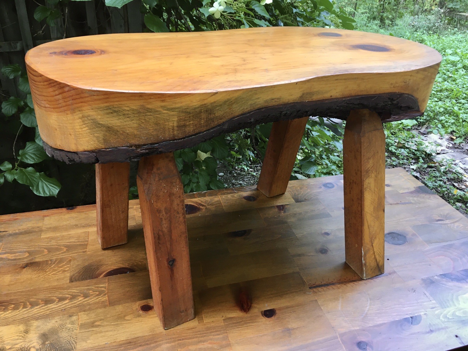 Vintage Handmade Primitive Wooden Log Bench Coffee Table w Bark Underside