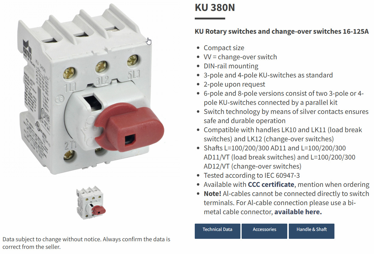 NEW KATKO KU 380N 3‑Pole 80 A Rotary Load Break Switch DIN‑Rail UL/CE