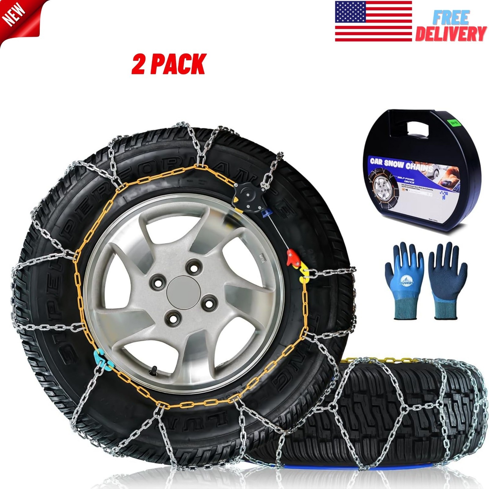 2 Pack Snow-Chains Auto Fixing for Passenger Car, Pickup Trucks and SUVs