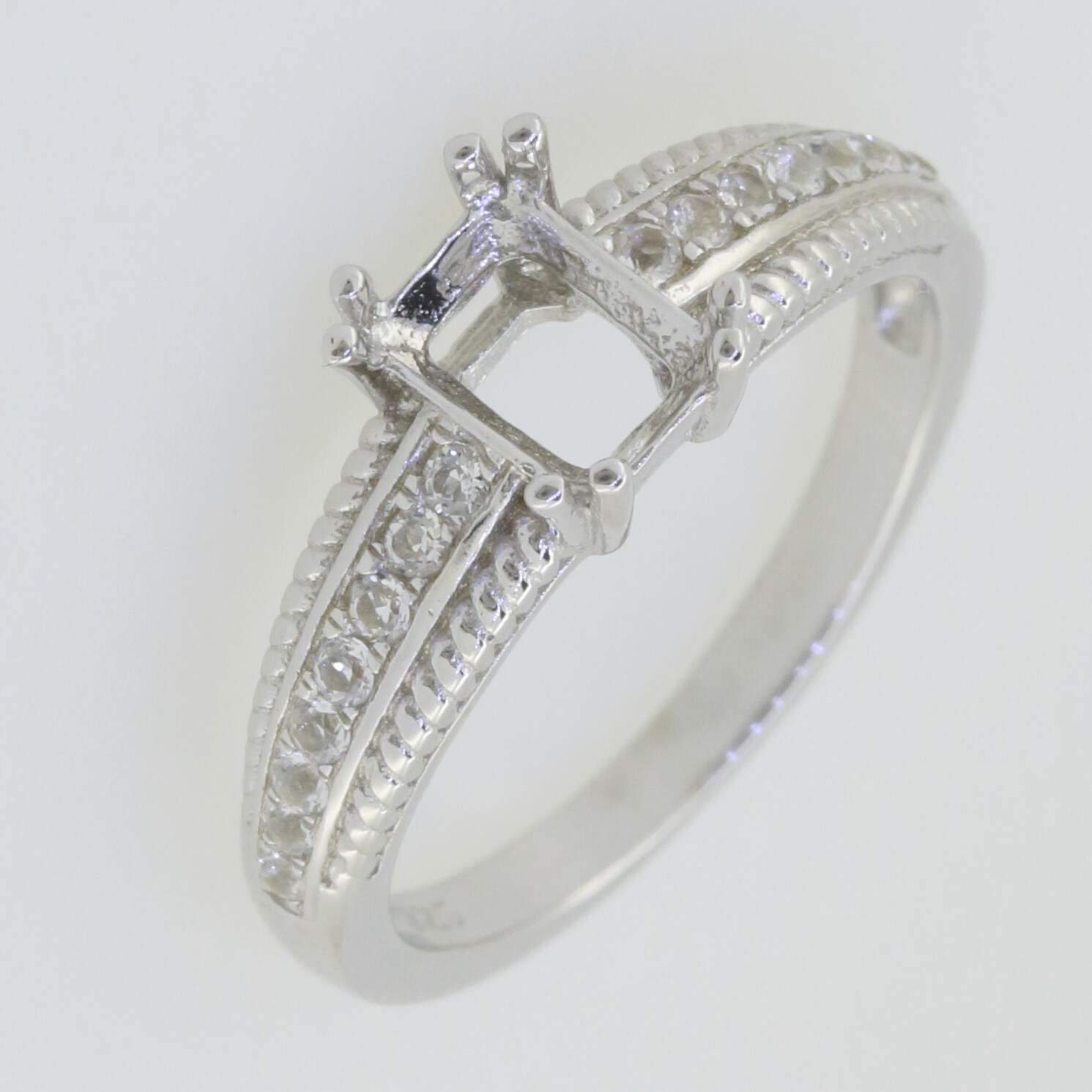 Sterling Silver Semi Mount Ring Setting Cushion Cu 7x5mm Milgrain Topaz