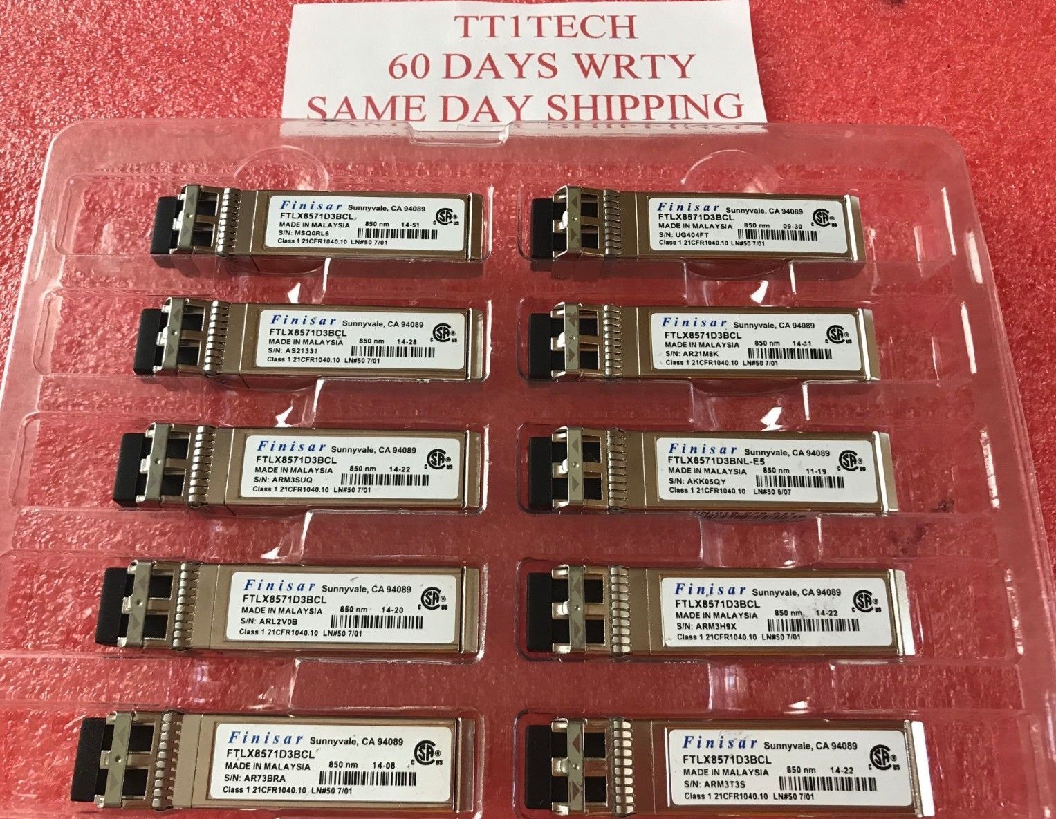 10x Finisar FTLX8571D3BCL SFP+SR 10Gb 850nm 300m w/60 DAYS WRTY 500pcs lot 10