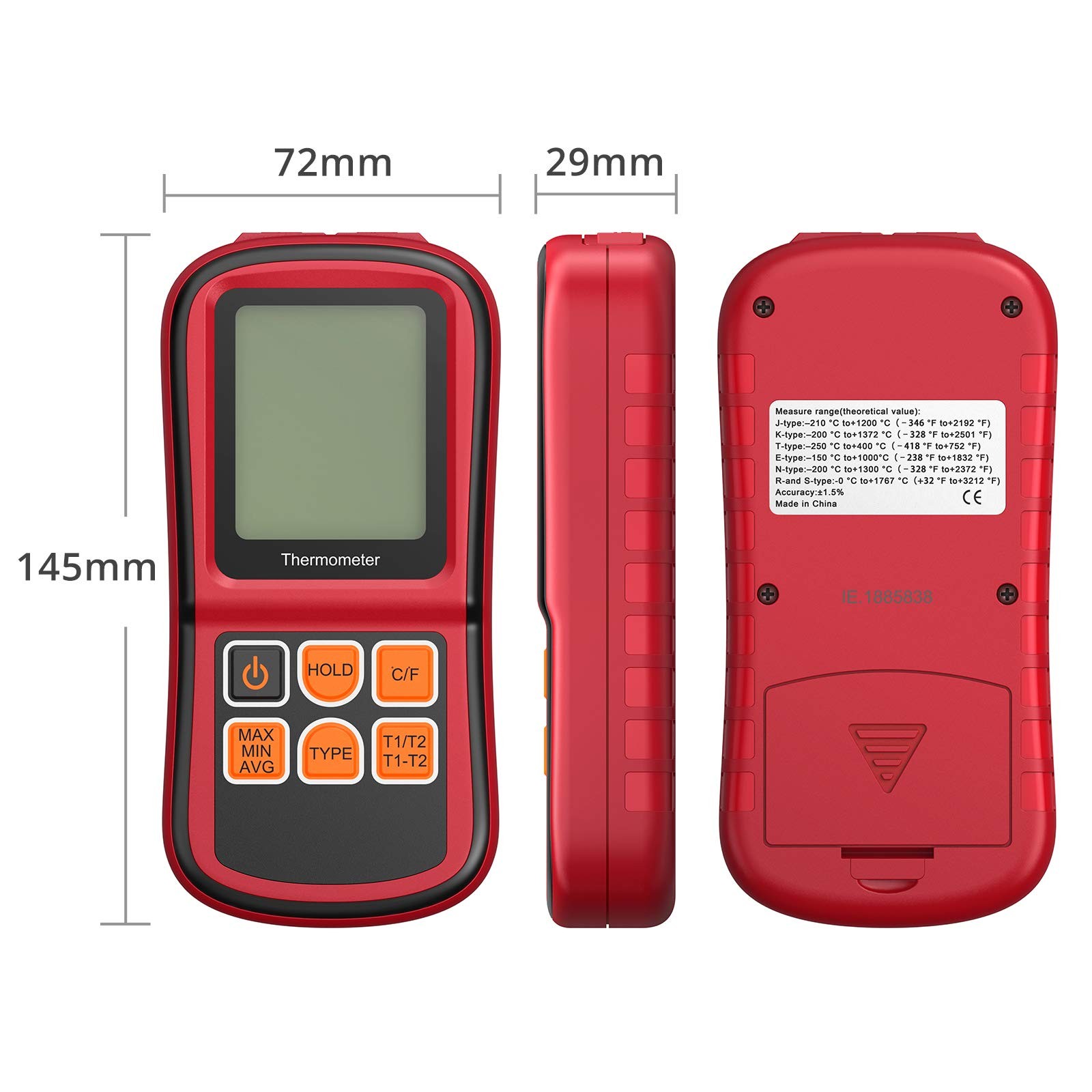 Digital Thermometer with Dual K Type Probes, High Temp Meter, LCD Display