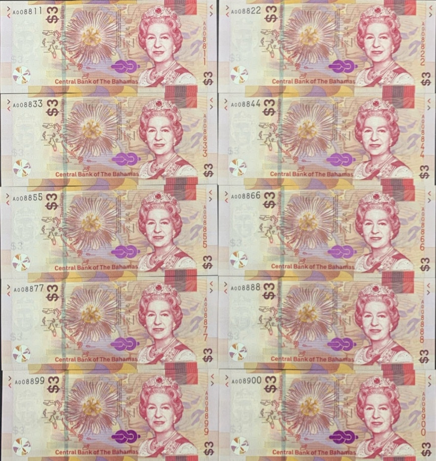 Bahamas 3 Dollars 2019 P 78 UNC Set 10 pcs Lucky Fancy No. A008811-8888-8900