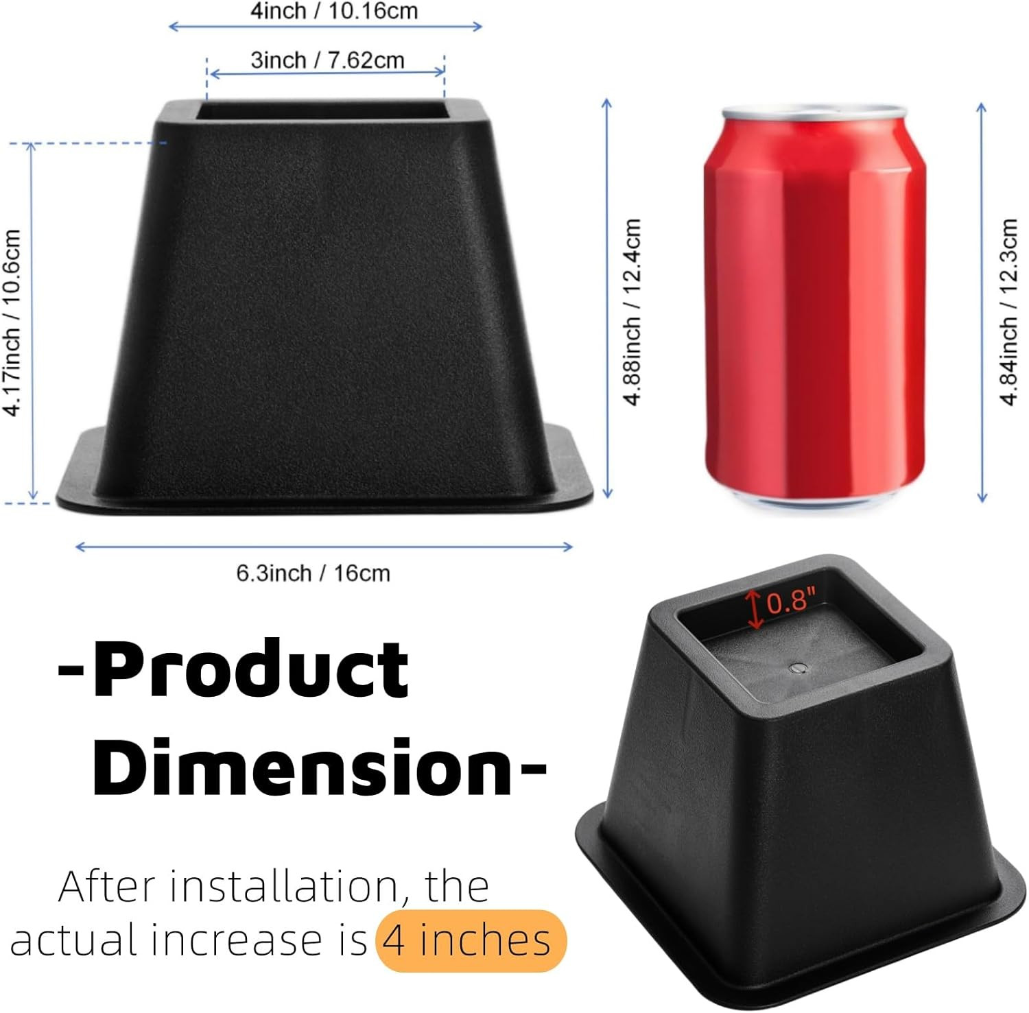 Bed Risers 4 Inch Heavy Duty, 6 Pack Durable Plastic Furniture Lifts, Supports 2