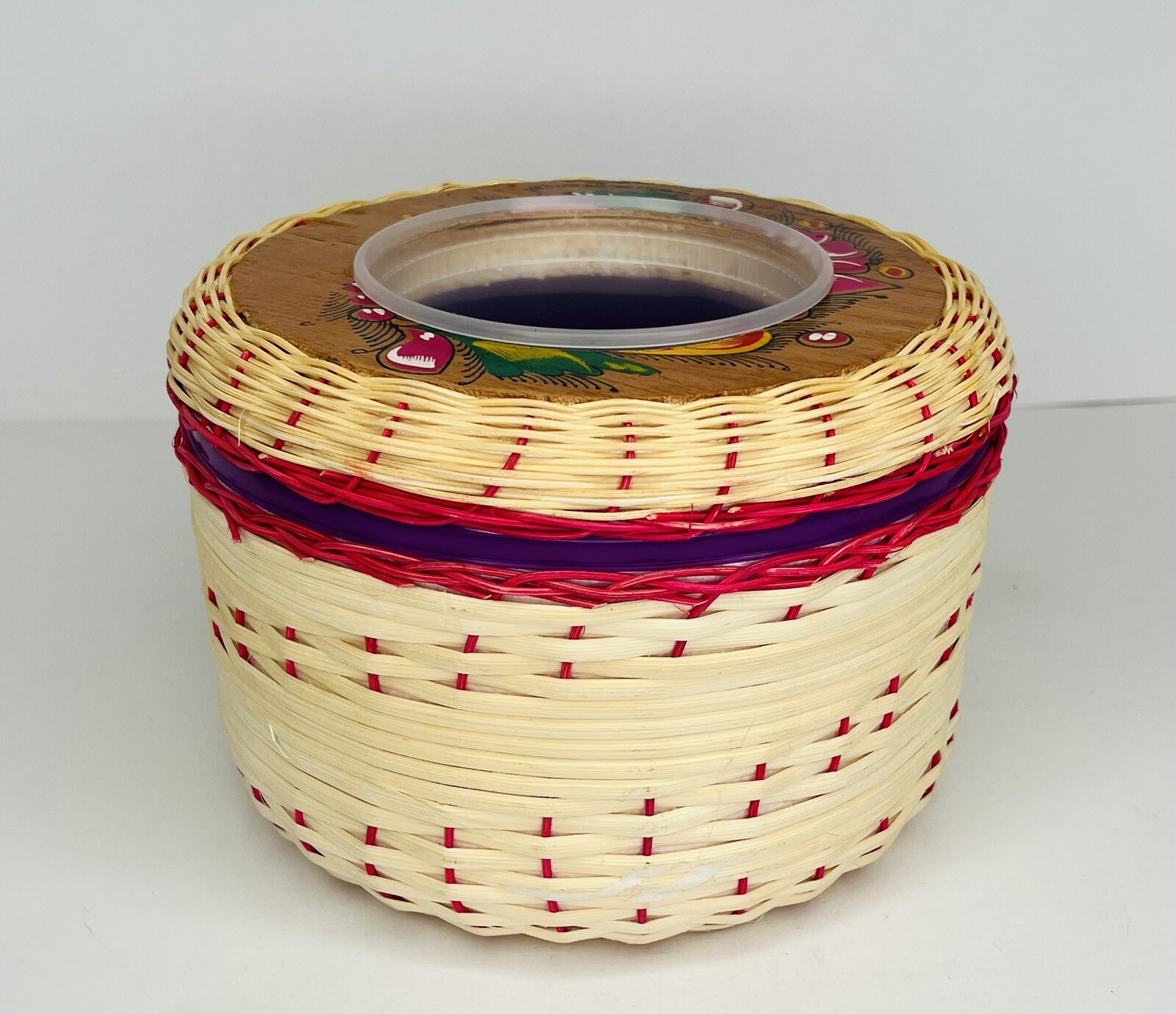 Woven Basket w/2 Bowls Made in Mexico Styrofoam Hand Painted *Missing Lid *READ
