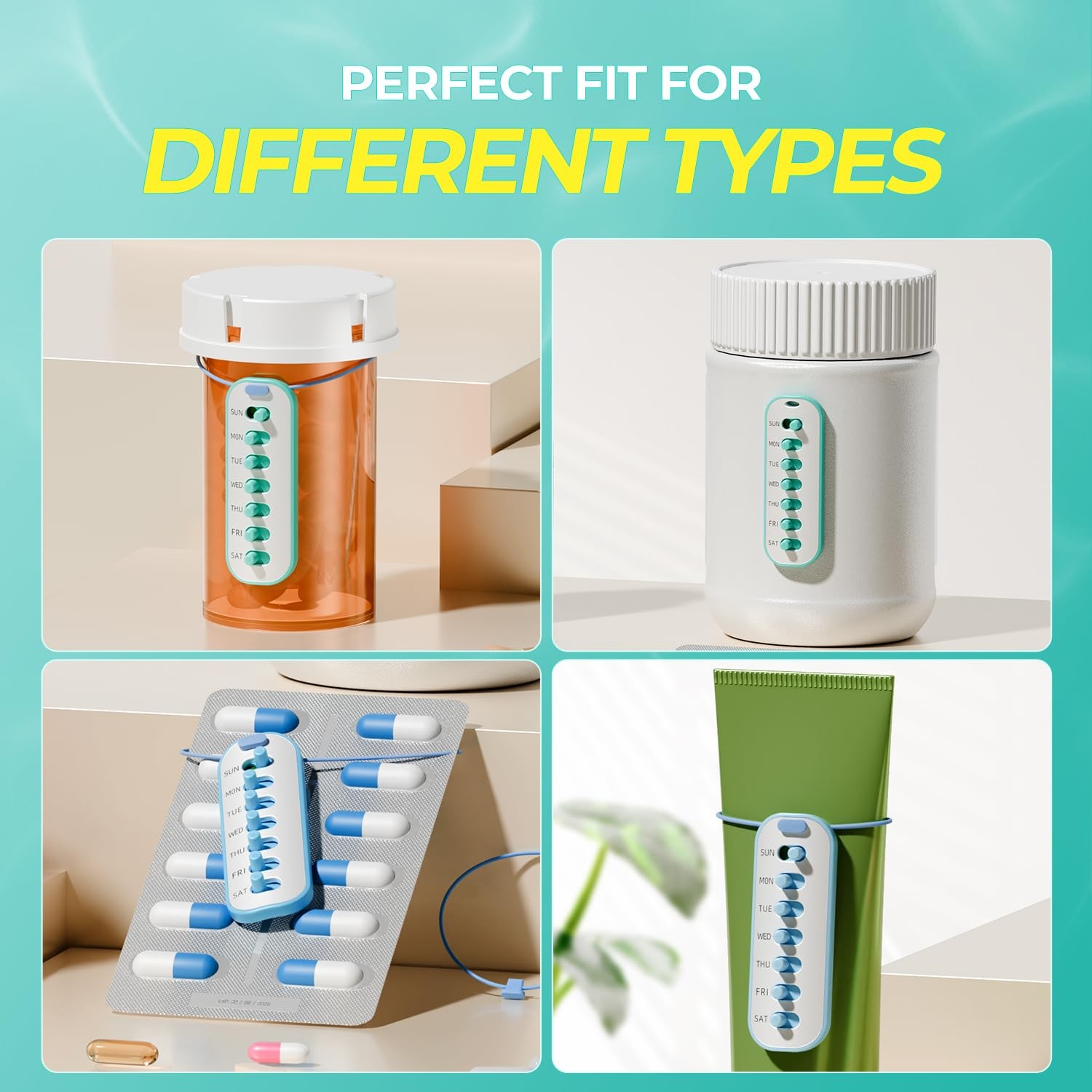 4 Pack Pill Reminder, Lanyad or Sticker Pill Tracker, Work with Most Bottles,
