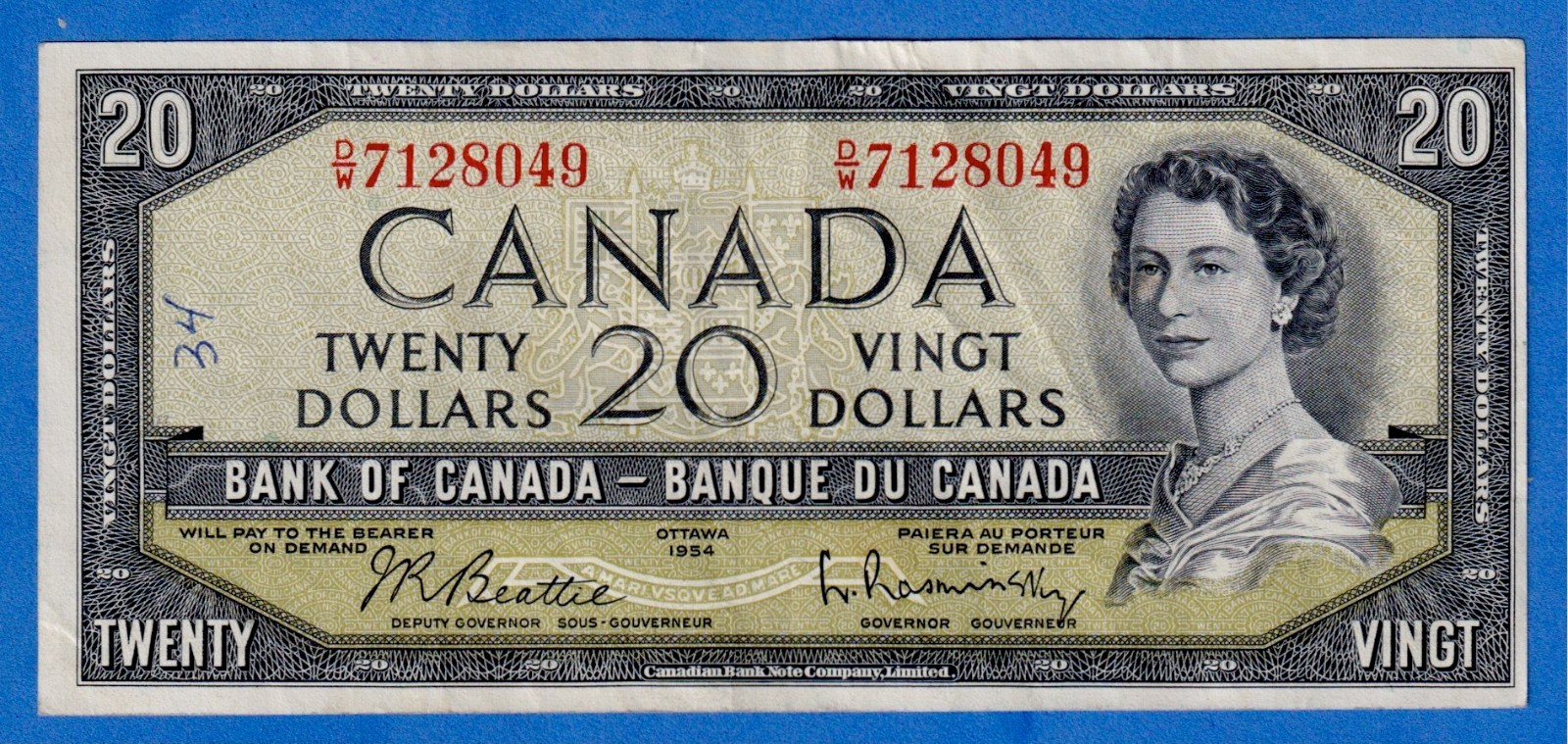 Canada $20 1954 BC-41b / P-80b - QE II - Circulated Note D/W 7128049