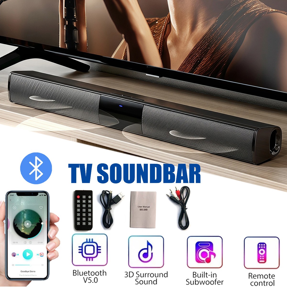 Bluetooth Sound Bar Wired Wireless Bass Subwoofer Home Theater TV Speaker Remote