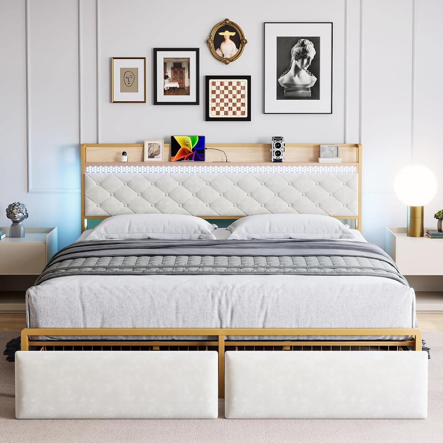 ✅King Size Bed Frme Pltform Bed Frme W/LED Lights Chrging Sttion Drwers