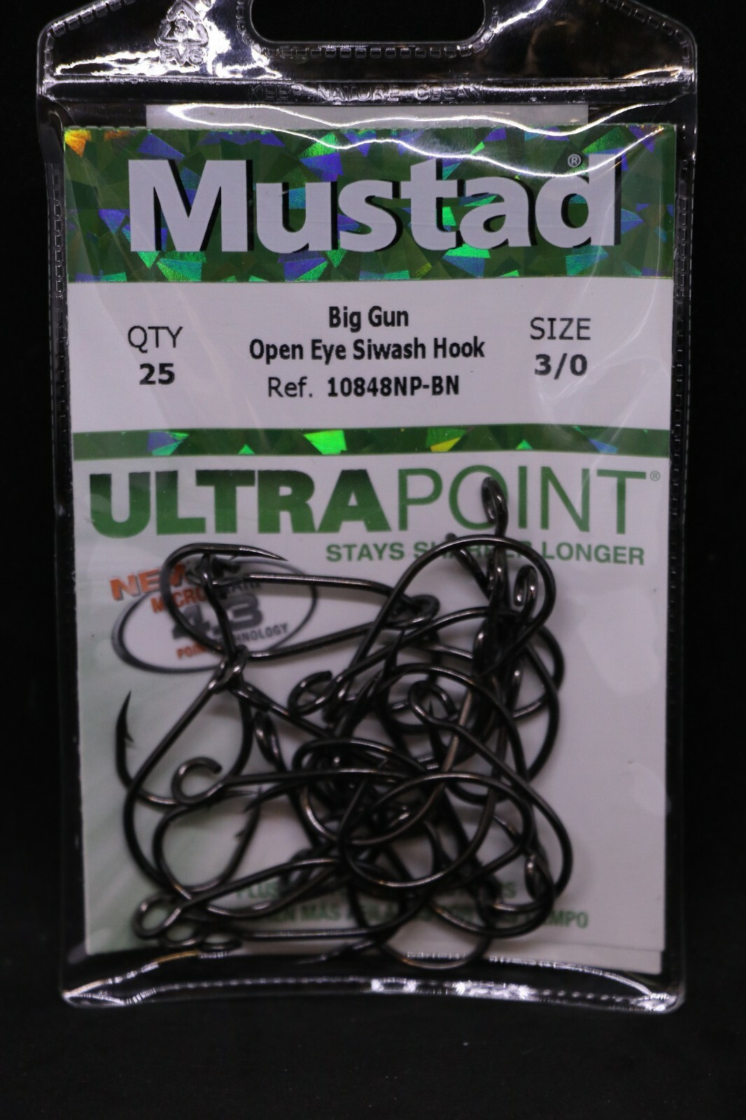 25 Mustad 10848NPBN-30 Size 3/0 Big Gun Open Eye Siwash Hooks 1X Fine