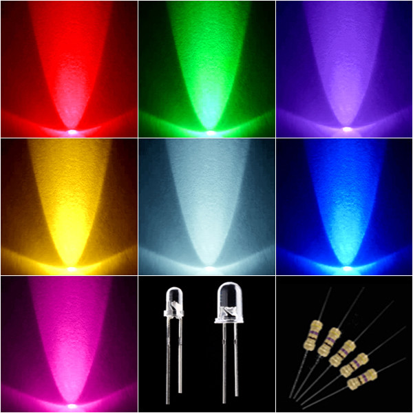 70 × Mixed 7 Colors LED Light Round 3mm 5mm free Resistor for 5V 9V 12V 24V Kit