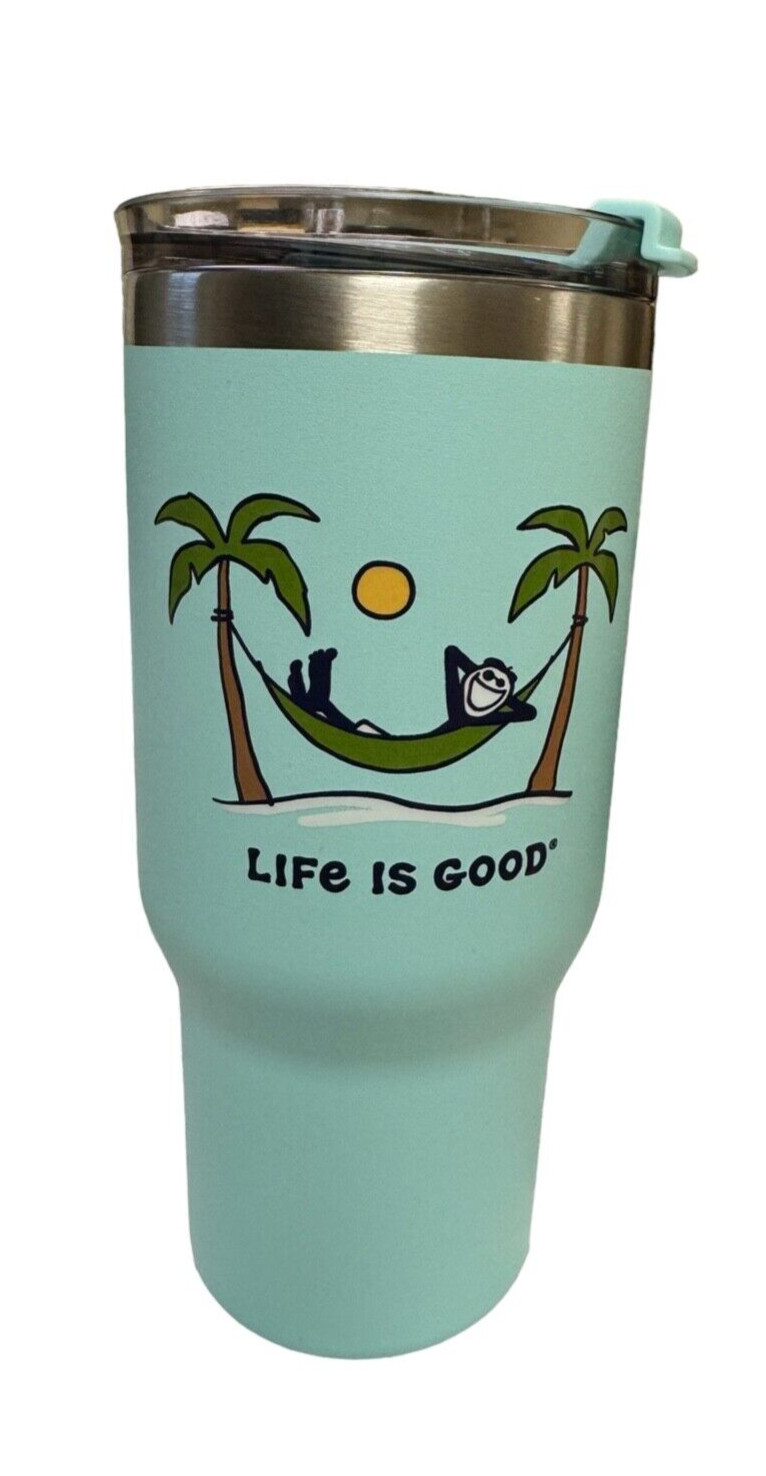 Life Is Good 25oz/Commuter Steel Travel Mug Alpine Blue Palm Tree/ Hot-Cold/ NEW