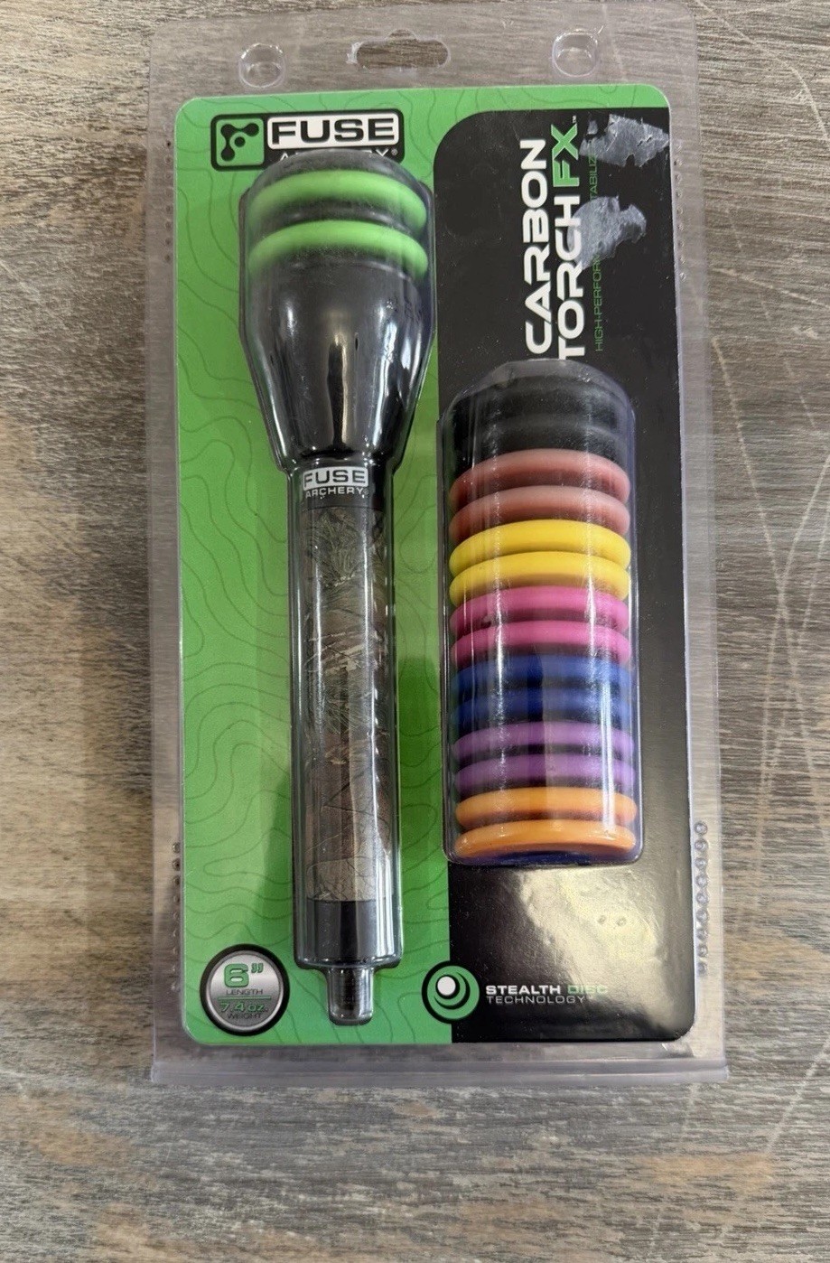 Fuse Archery Carbon Torch FX 6” Bow Stabilizer 7.4oz Stealth Disc REAL TREE CAMO