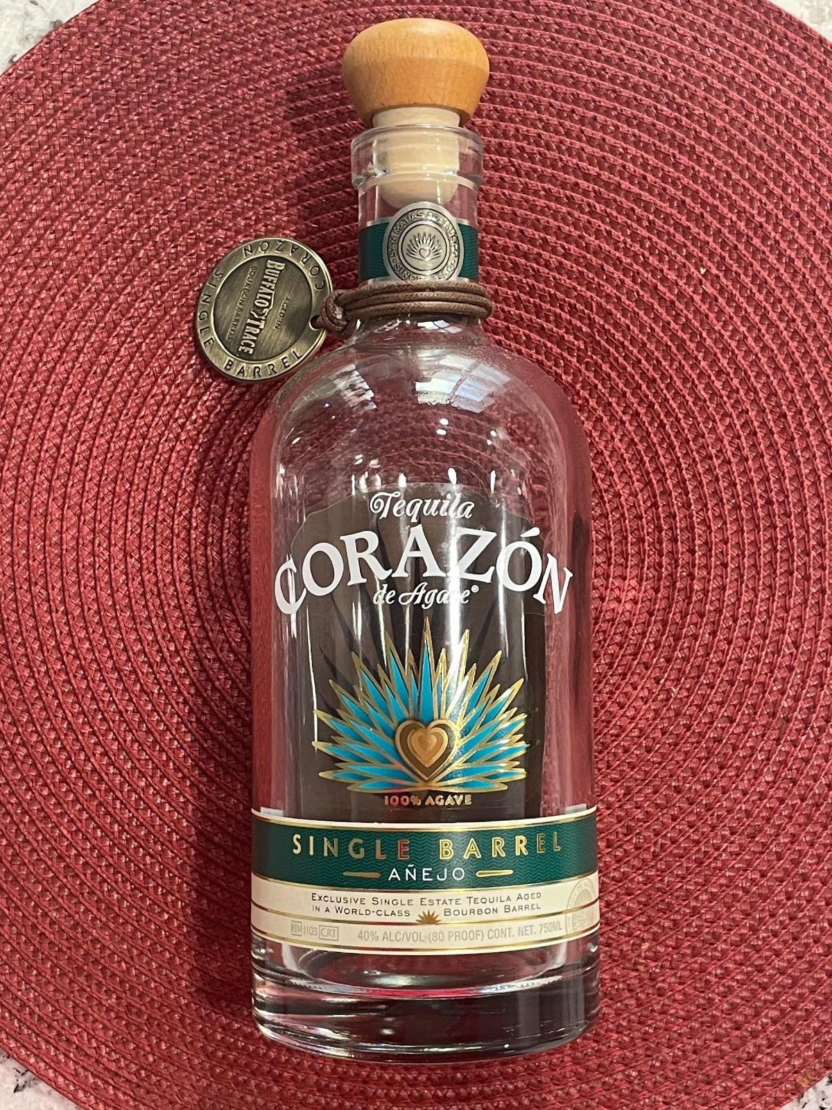 Corazon Tequila Buffalo Trace Medallion and Empty Anejo Bottle and Stopper