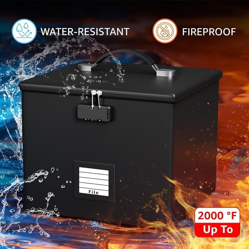 Fireproof Water Resistant File Box W/ Lock Adjustable Handle & Pockets New
