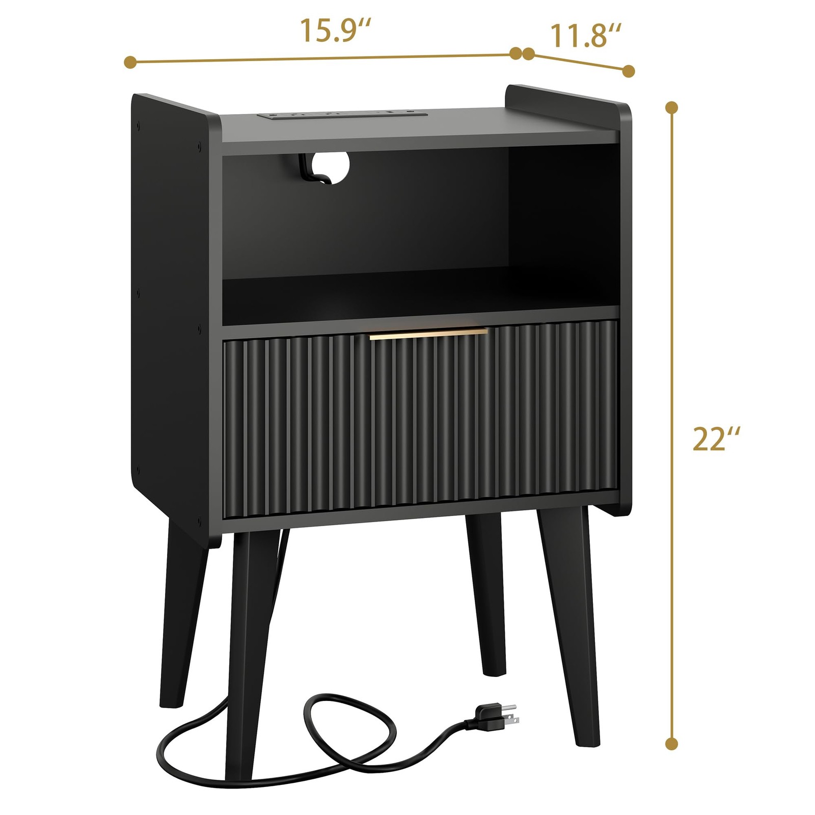 Fluted Nightstand with Charging Station, Modern Bedside Table with Drawer,Bla...