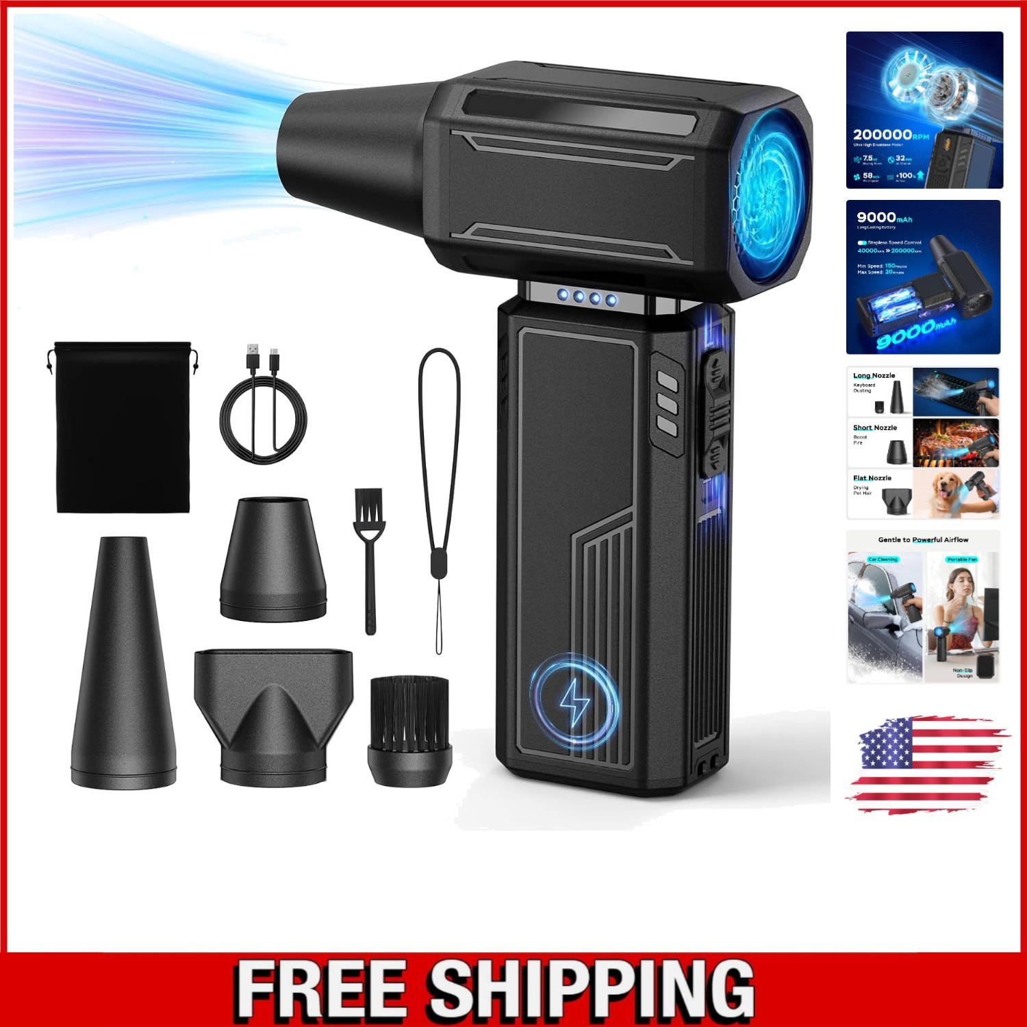 High-Speed 200,000 RPM Electric Air Duster - Multiple Nozzles for Efficiency