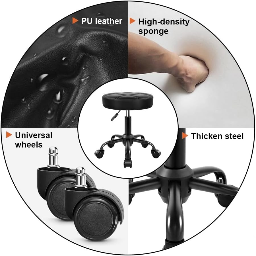 Rolling Stool Chair PU Leather Height Adjustable Round Stool W/ Wheels Chair