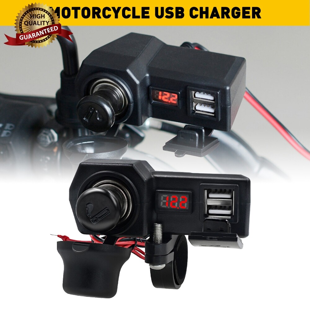 Motorcycle Handlebar Dual USB Phone Charger Cigarette Lighter Socket Voltmeter