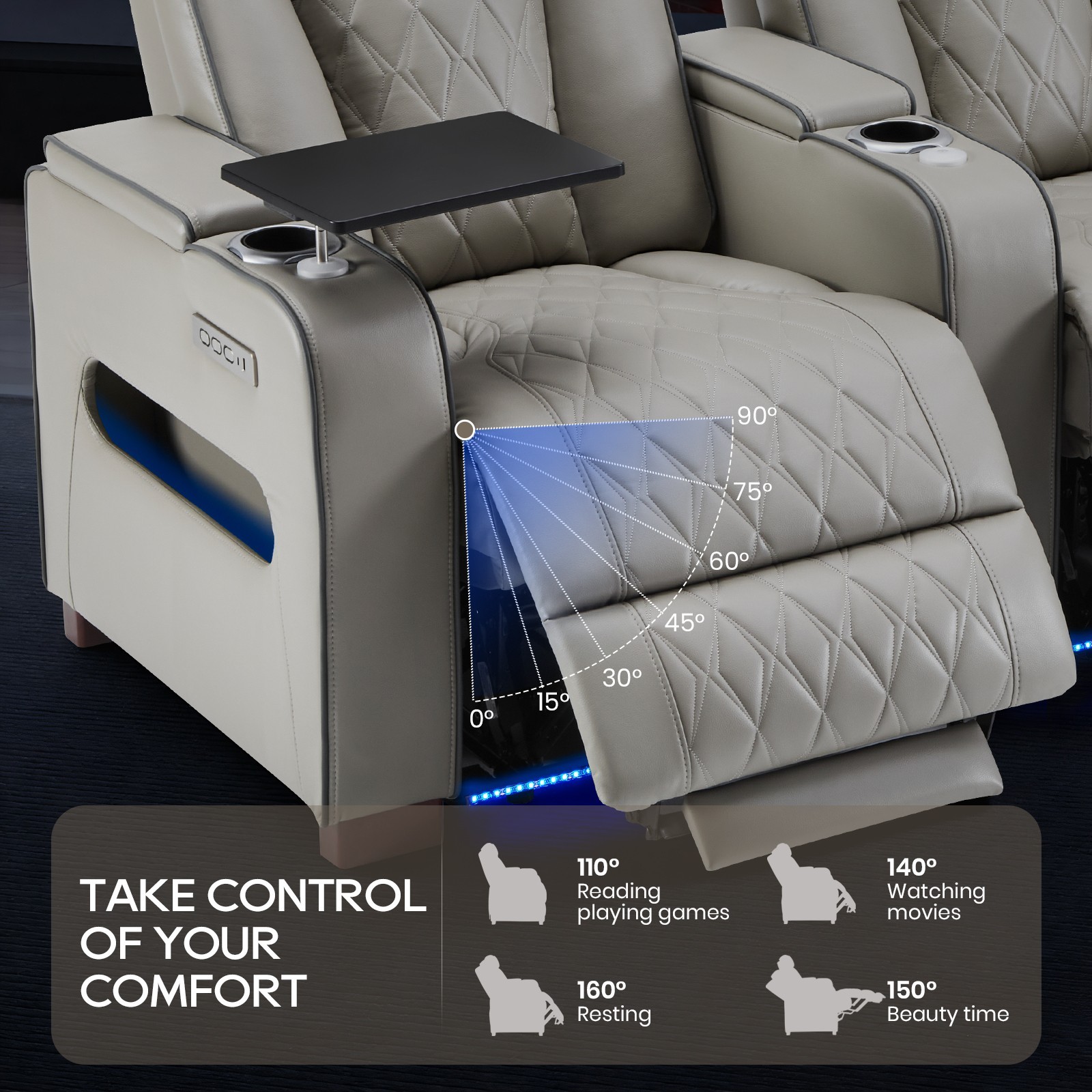 Home Theater Seating Power Recline Sofa With Powered Headrests, Table