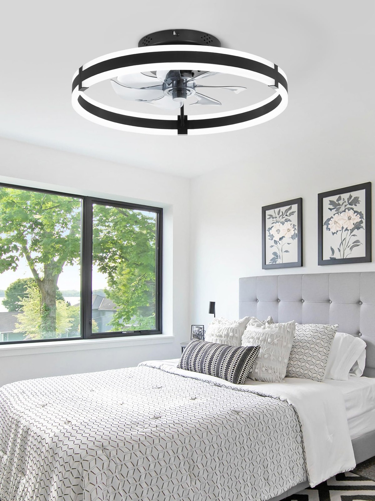 3000-6000K Dimmable Modern Flush Mount LED Fan Light 19.7'' Low Profile Ceiling