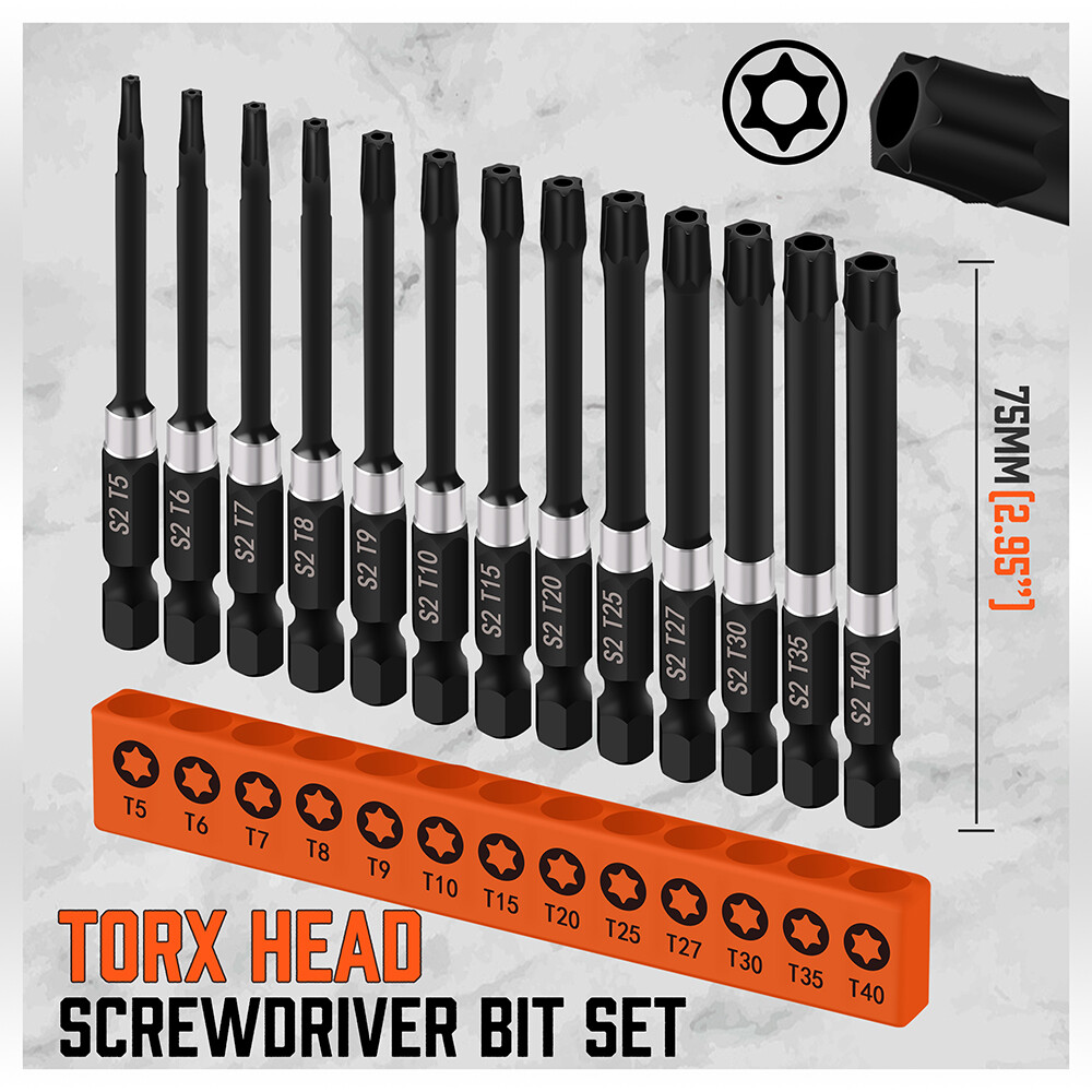 13Pc Magnetic Torx Screwdriver Bit Set Temper Proof Long Torque Sleeve T5-T40