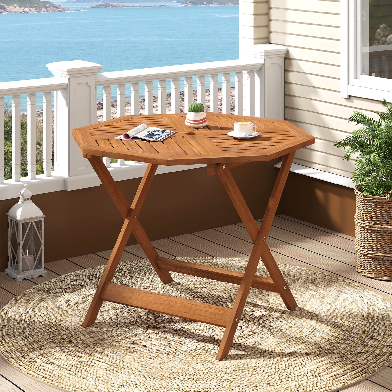 35.5” Solid Wood Patio Dining Table w/1.97” Umbrella Hole Slatted Tabletop